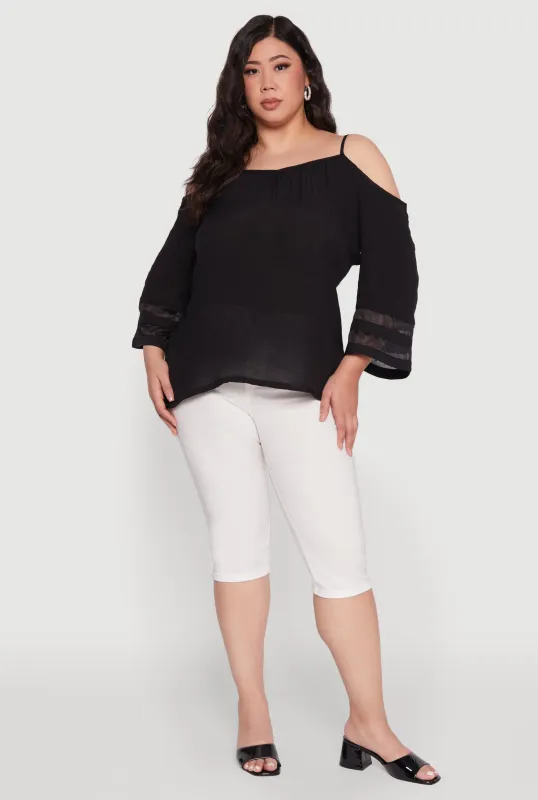 Plus Size Chic Cold Shoulder Gauze Knit Top with Adjustable Straps sold by Rainbow