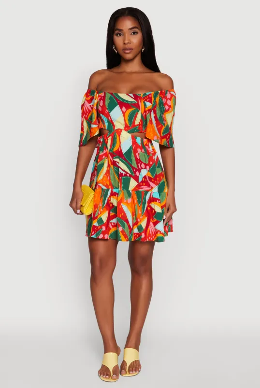 Abstract Leaf Print Cut Out Off The Shoulder Sundress sold by Rainbow