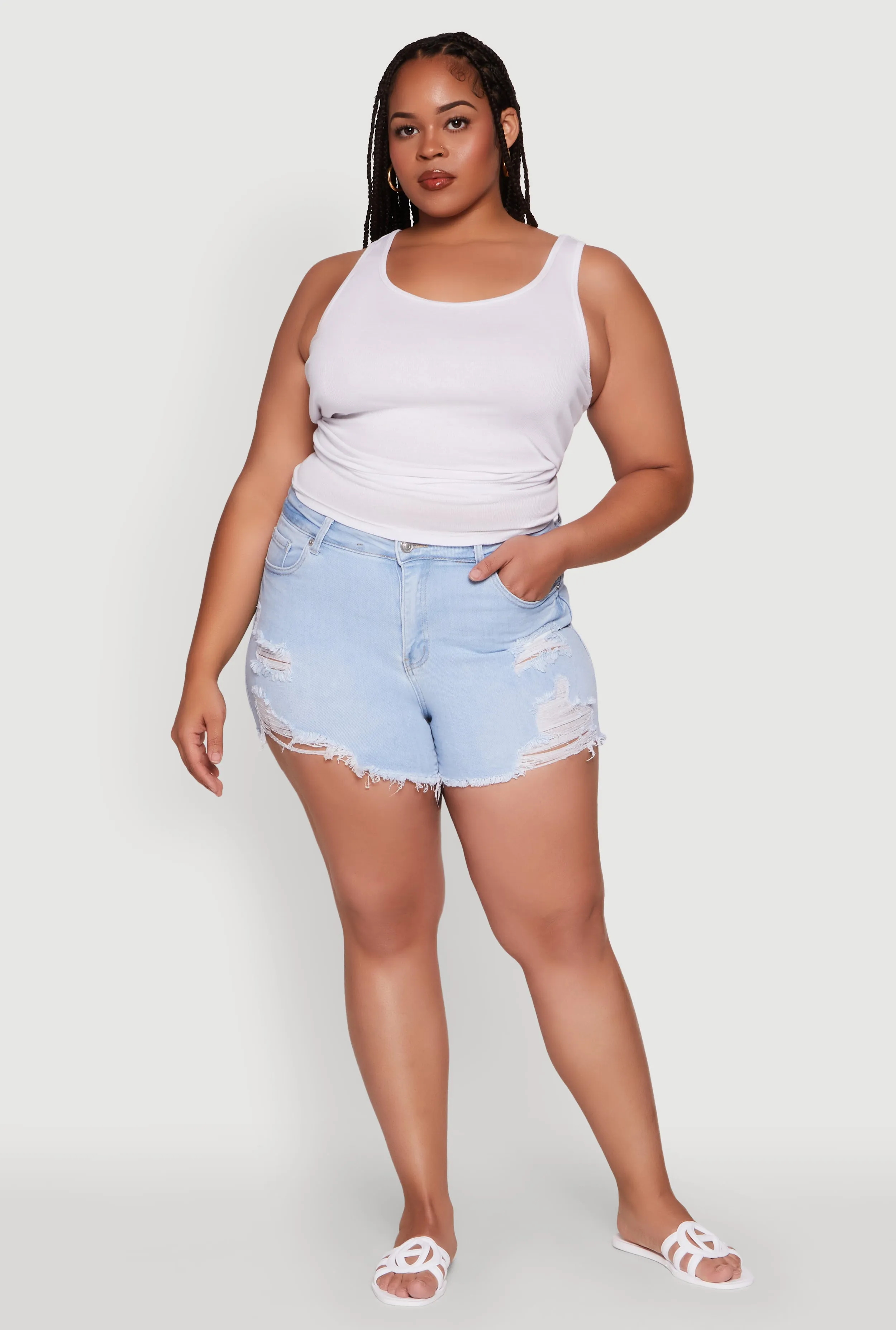 Plus Size WAX High Waisted Distressed Jean Shorts sold by Rainbow