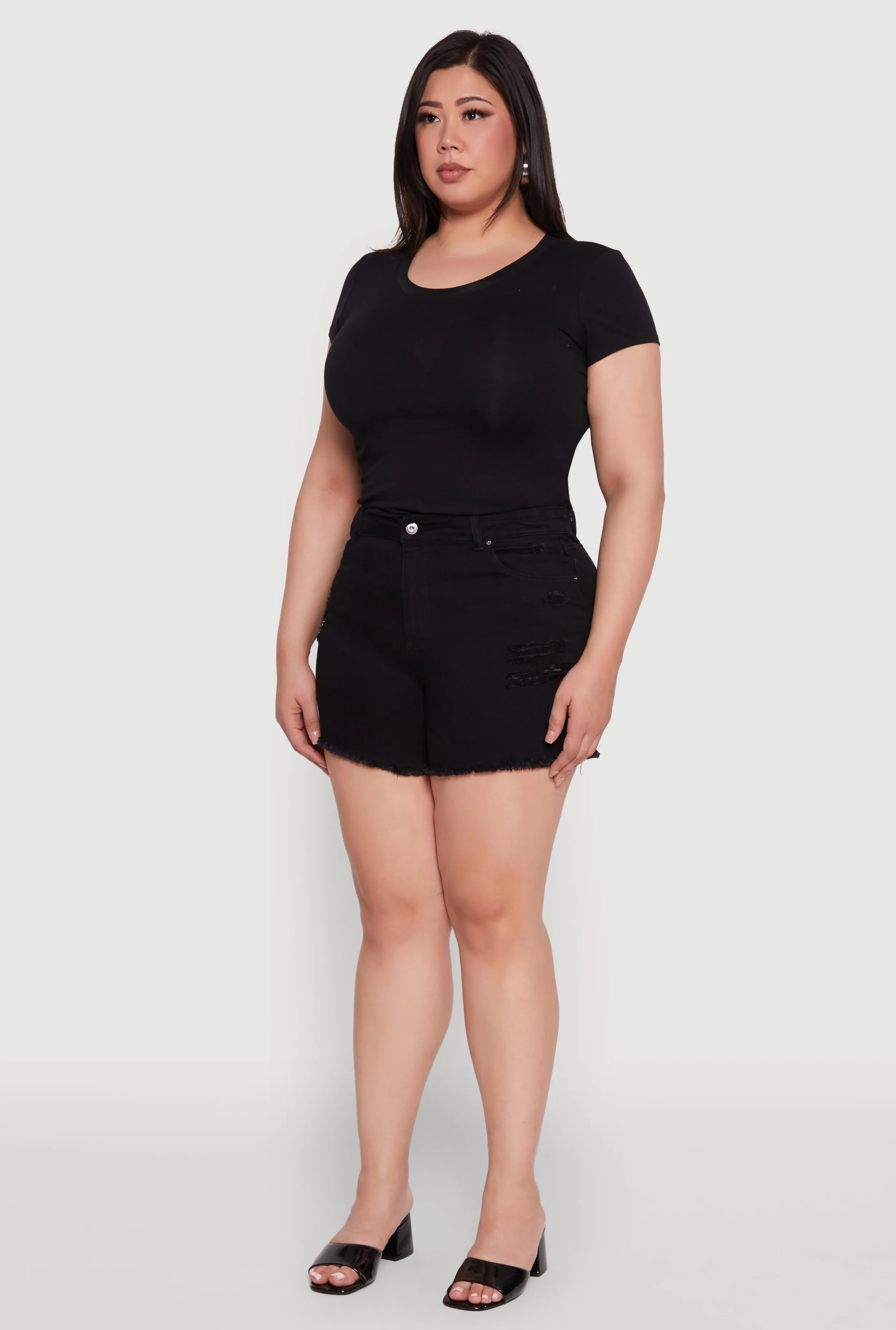 Plus Size WAX High Waisted Distressed Frayed Hem Denim Shorts sold by Rainbow product image thumbnail 3