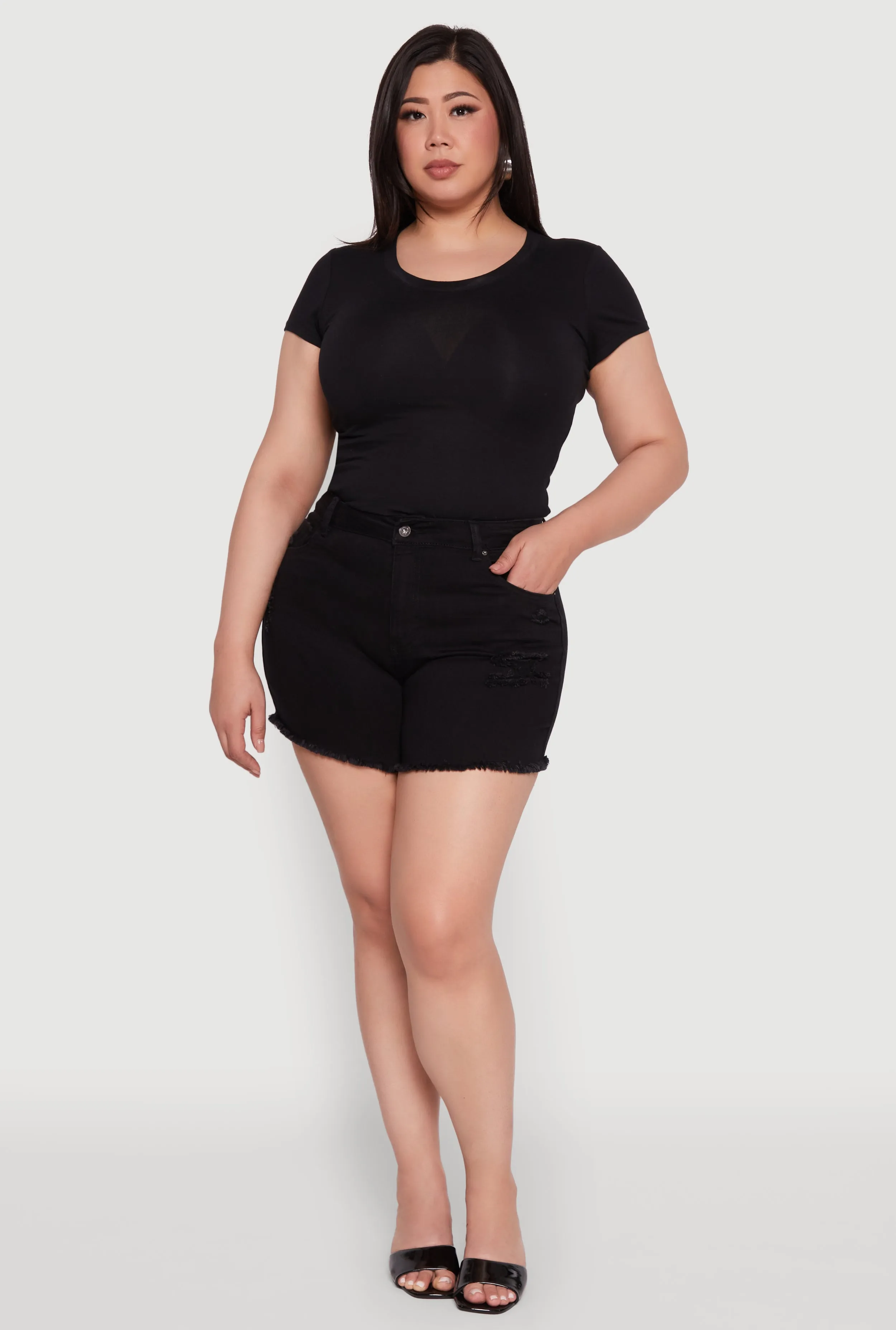 Plus Size WAX High Waisted Distressed Frayed Hem Denim Shorts sold by Rainbow