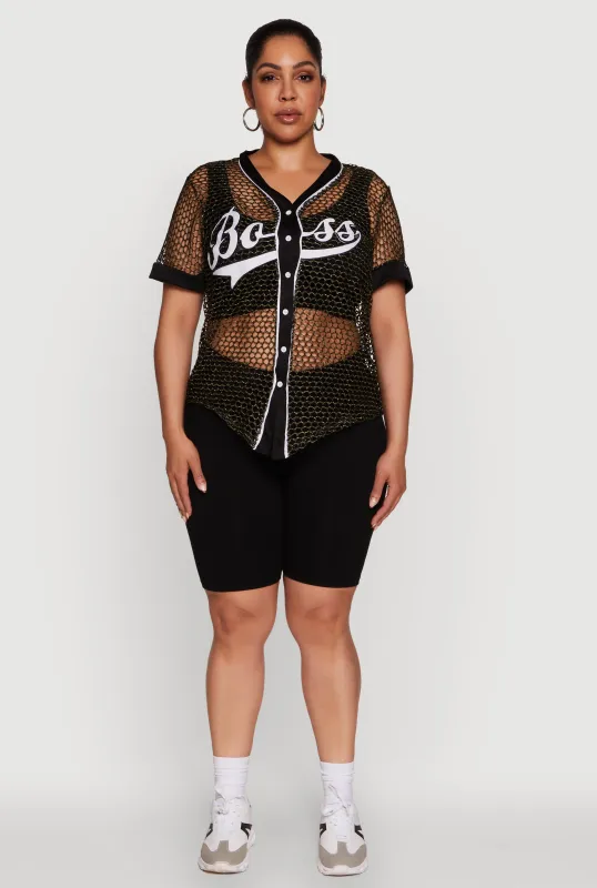 Plus Size Lurex Fishnet Boss Graphic Baseball Tee sold by Rainbow