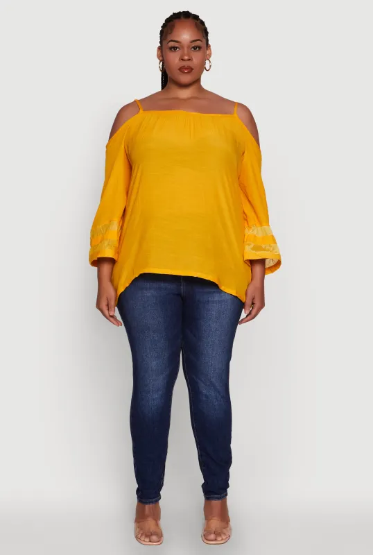 Plus Size Chic Cold Shoulder Gauze Knit Top with Adjustable Straps sold by Rainbow