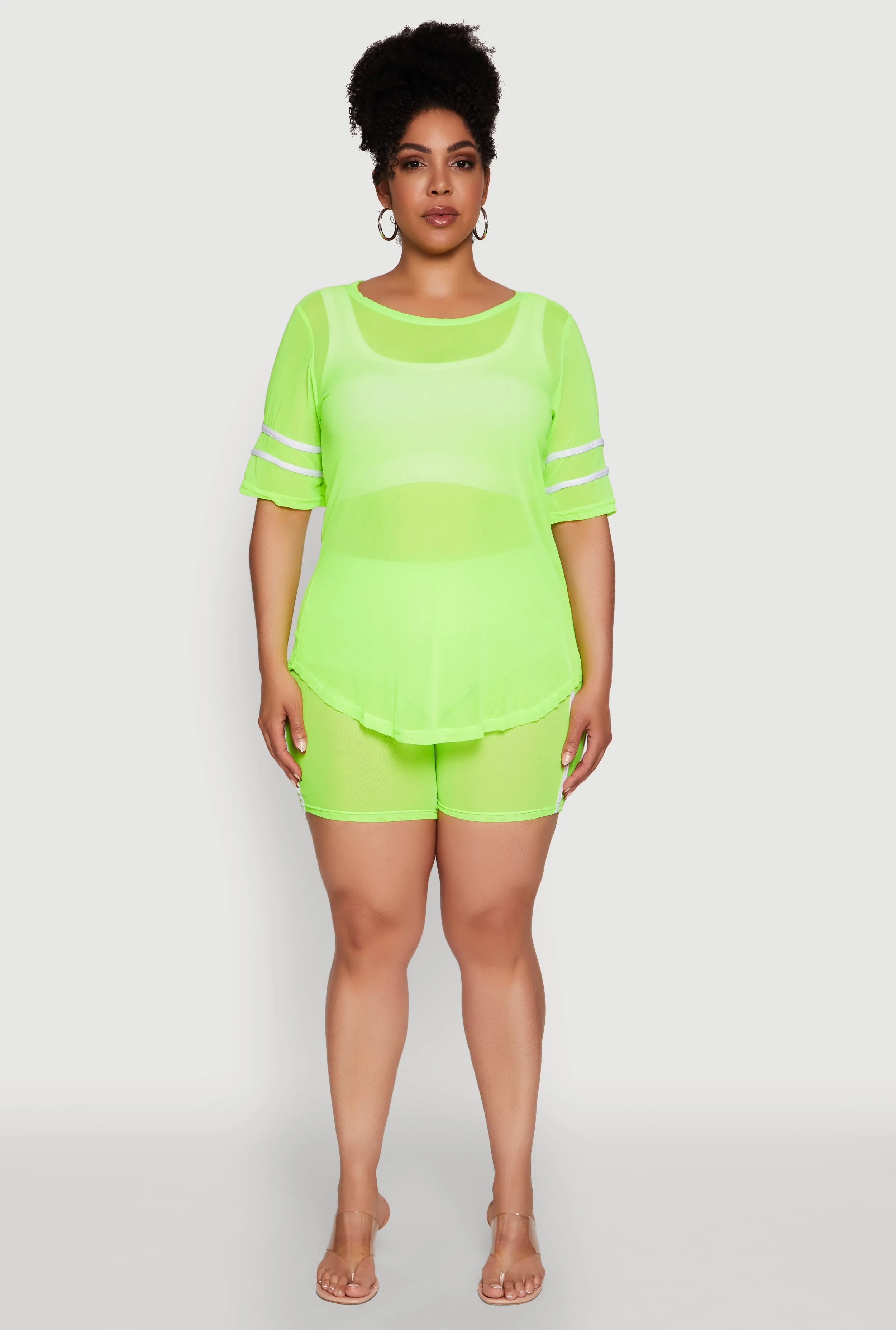 Plus Size Mesh High Waisted Bike Shorts with Varsity Stripe Details sold by Rainbow