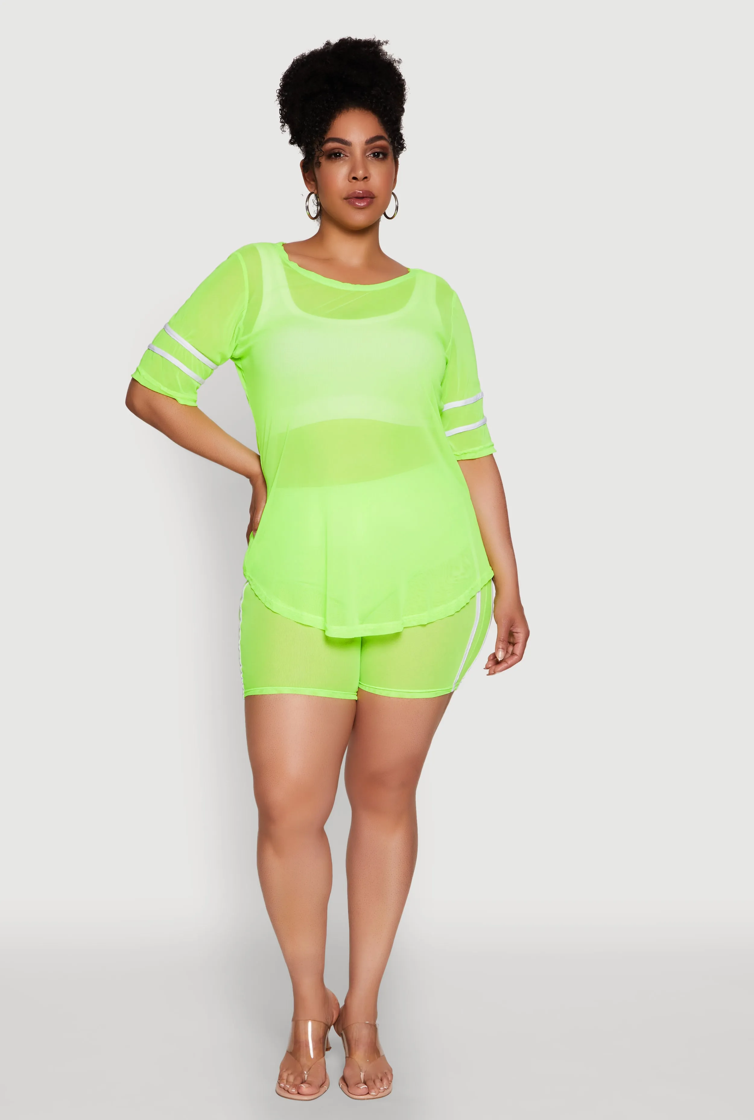 Plus Size Mesh High Waisted Bike Shorts with Varsity Stripe Details sold by Rainbow product image thumbnail 2