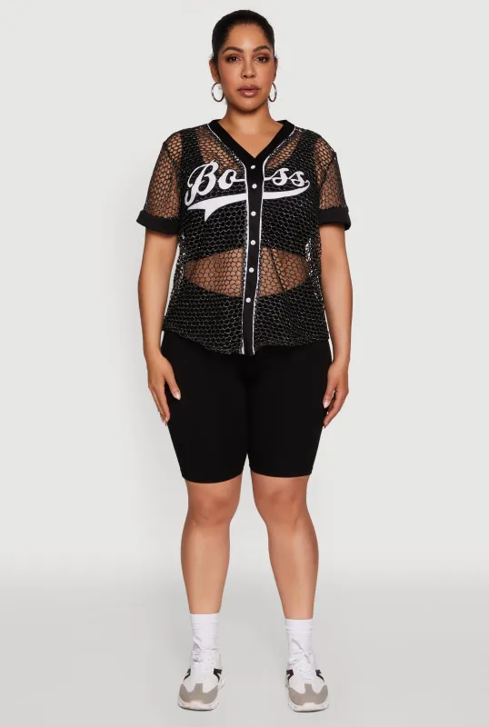 Plus Size Lurex Fishnet Boss Graphic Baseball Tee sold by Rainbow