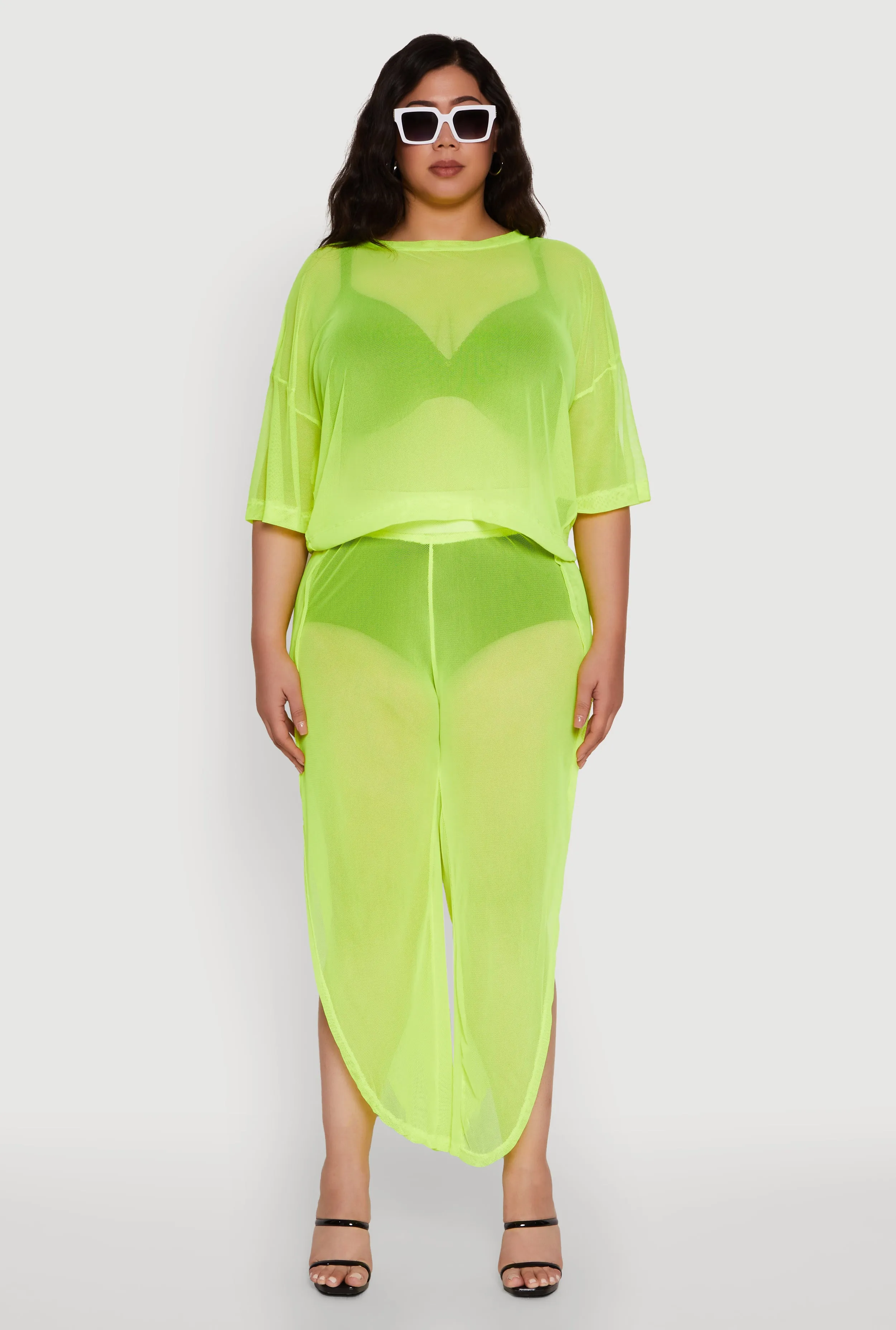 Plus Size Trendy High Waist Side Slit Mesh Palazzo Pants sold by Rainbow