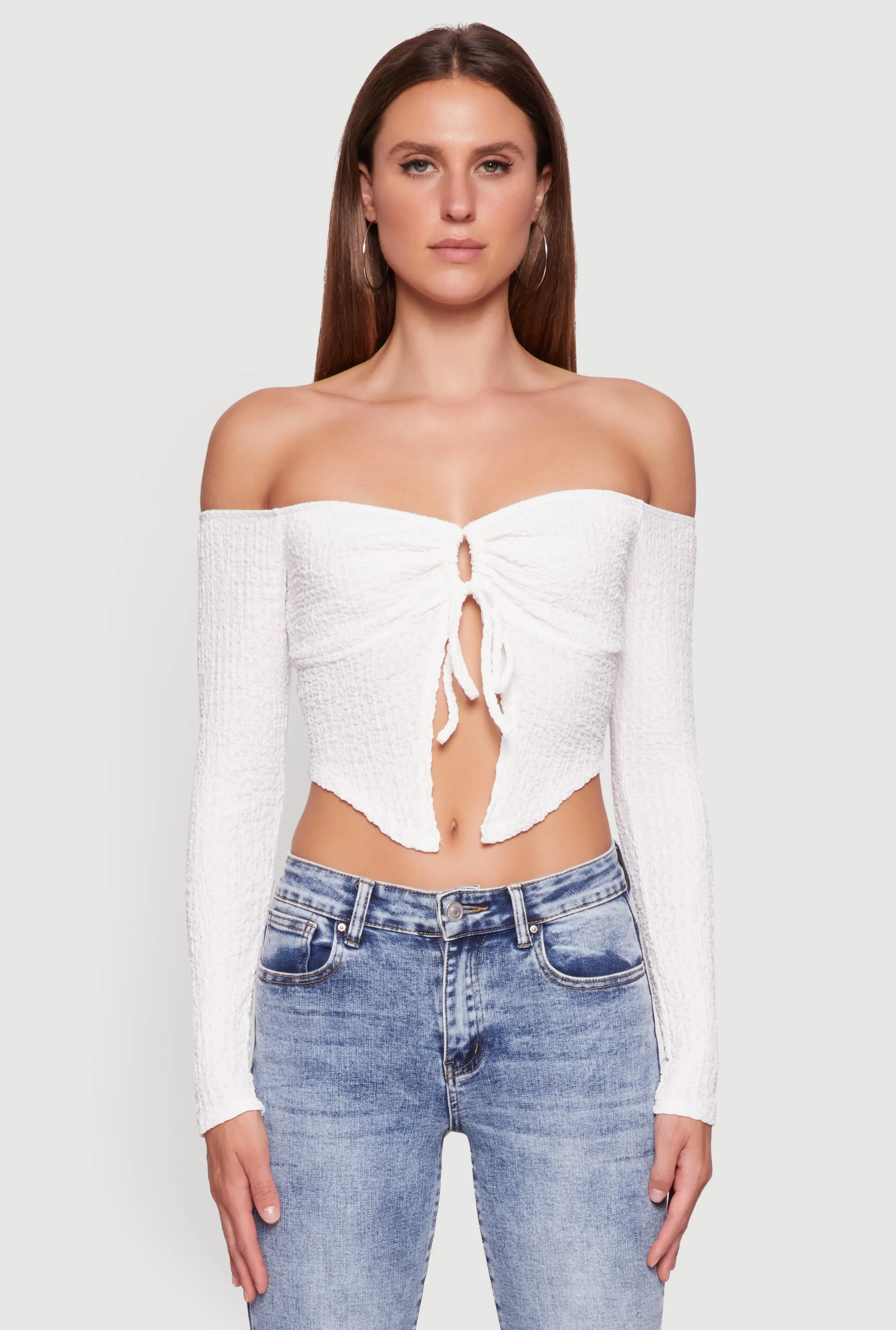 Trendy Off Shoulder Textured Knit Tie Front Crop Top sold by Rainbow product image thumbnail 2