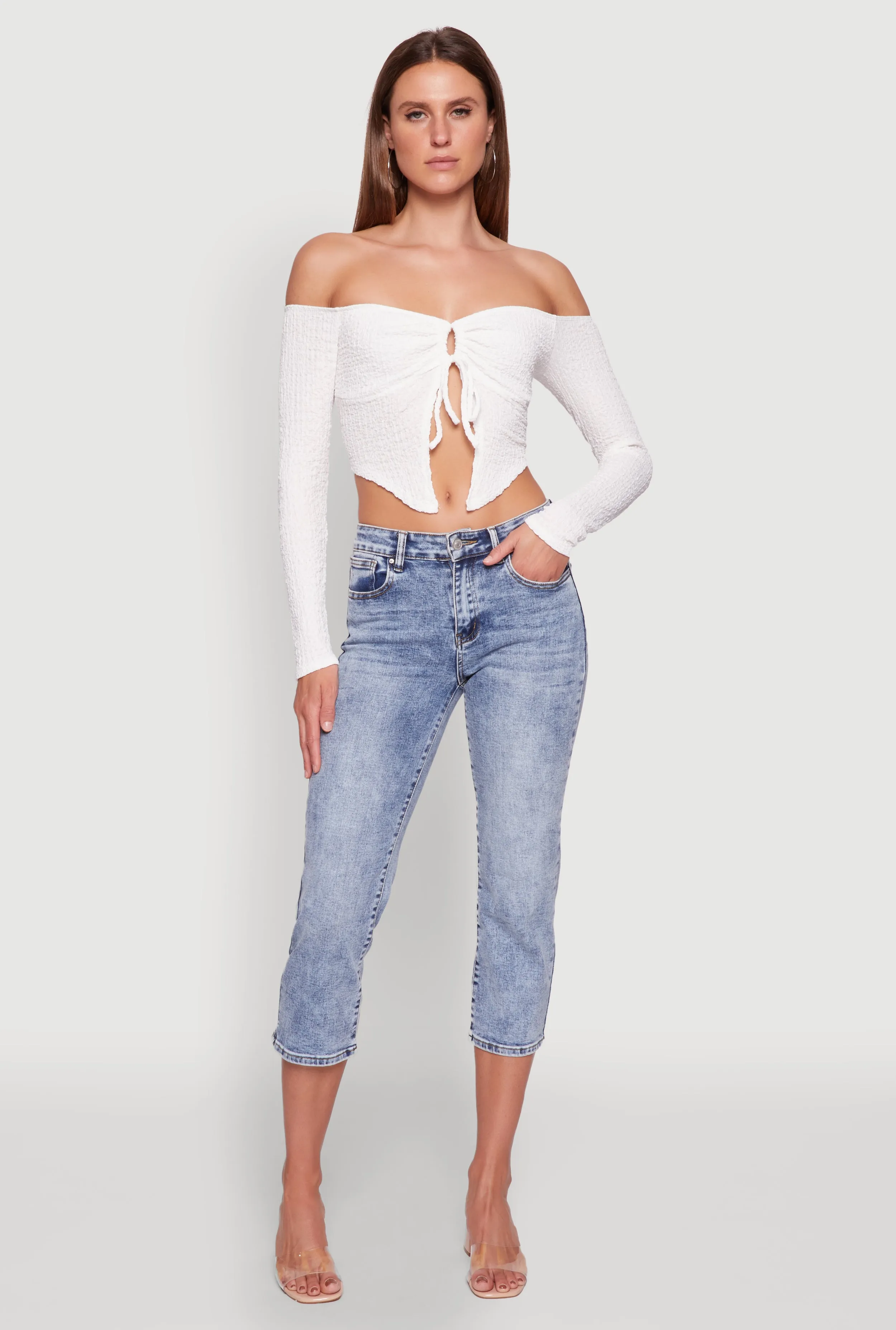 Trendy Off Shoulder Textured Knit Tie Front Crop Top sold by Rainbow
