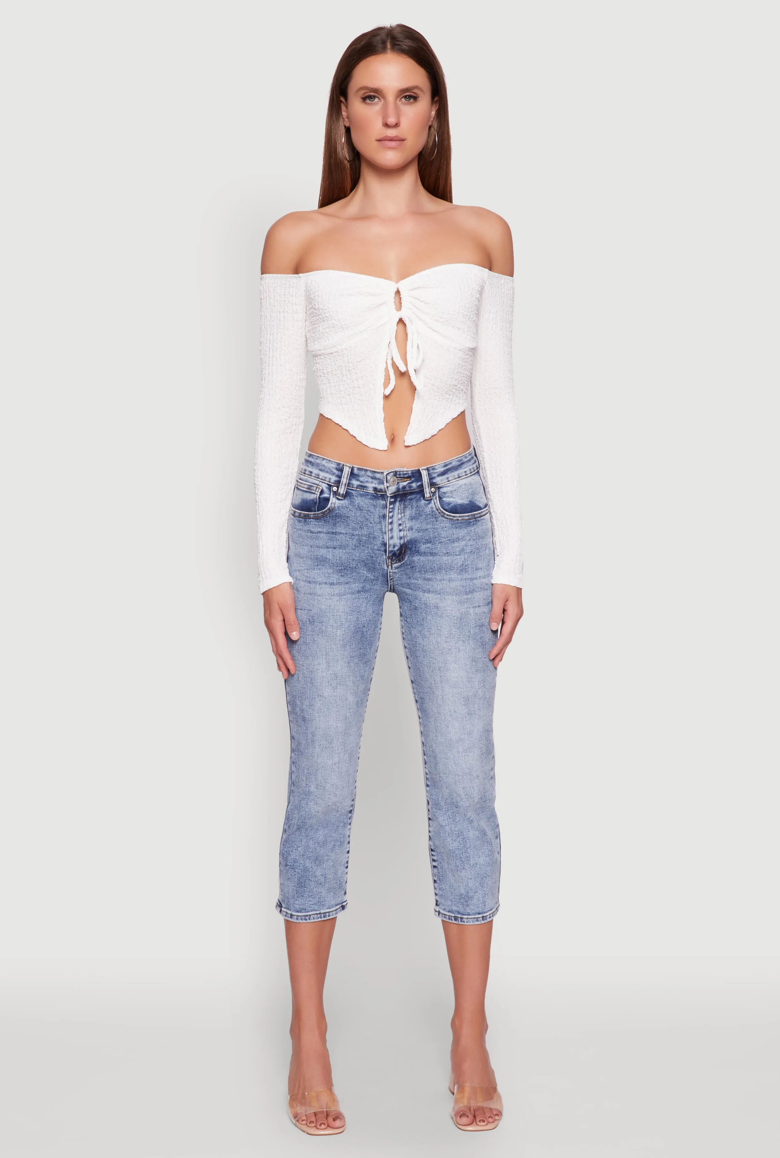 Trendy Off Shoulder Textured Knit Tie Front Crop Top sold by Rainbow product image thumbnail 3