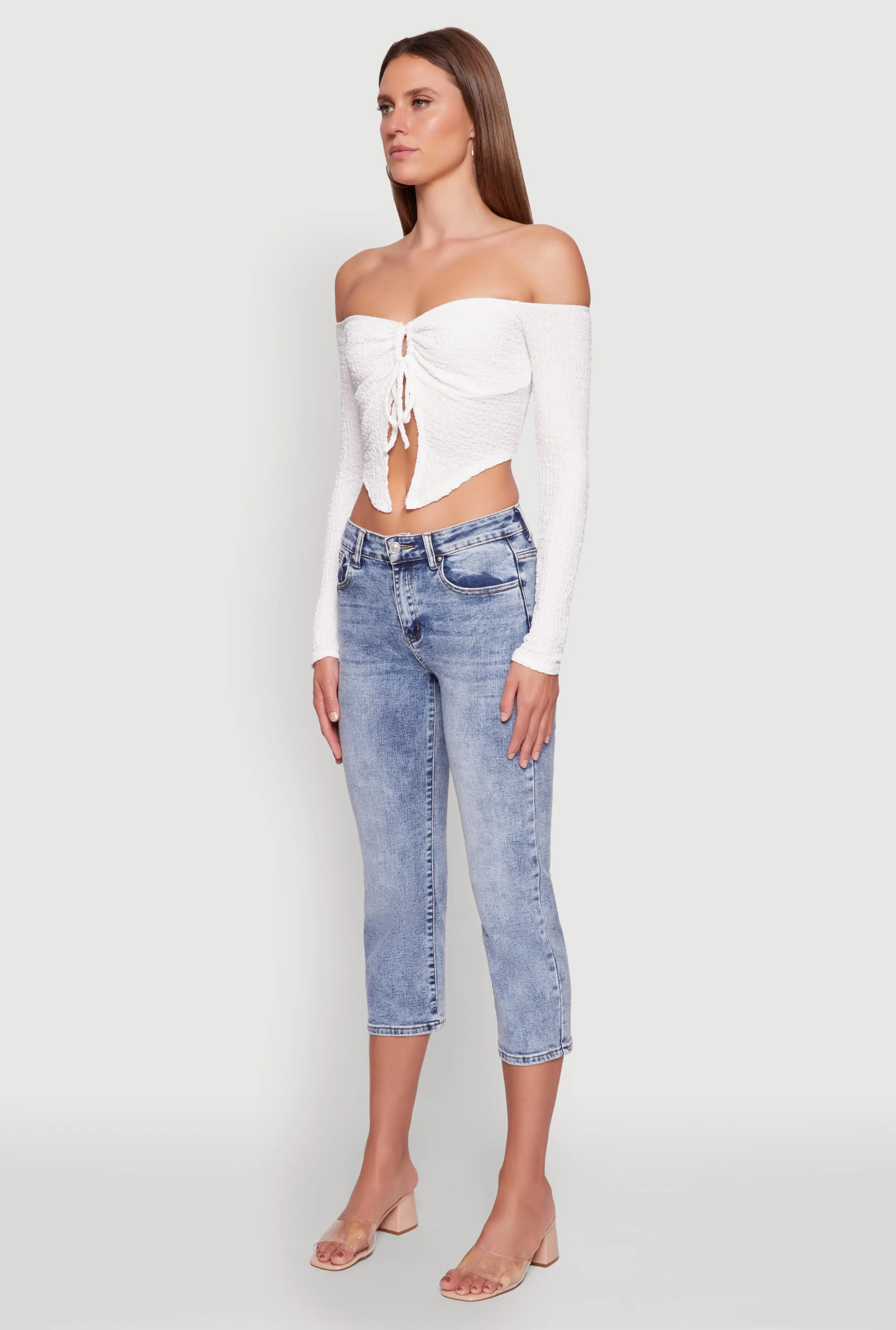 Trendy Off Shoulder Textured Knit Tie Front Crop Top sold by Rainbow product image thumbnail 5