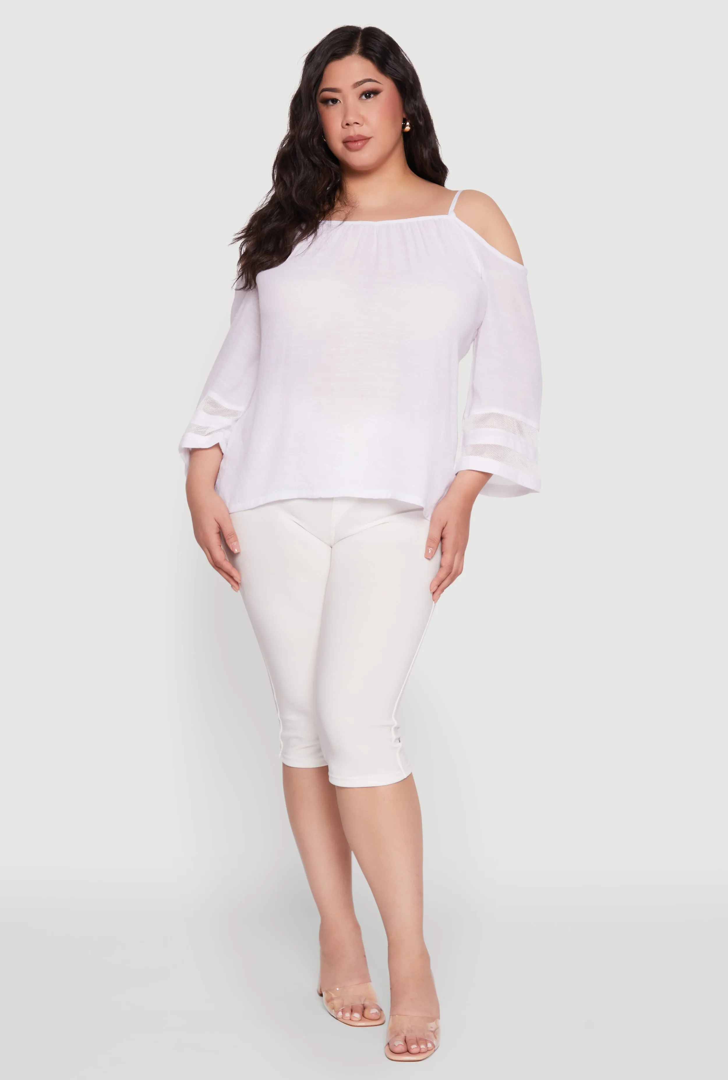 Plus Size Chic Cold Shoulder Gauze Knit Top with Adjustable Straps sold by Rainbow