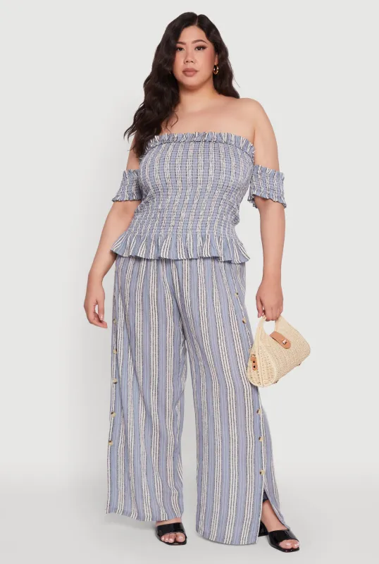 Plus Size Striped Buttoned Split Hem Palazzo Pants sold by Rainbow