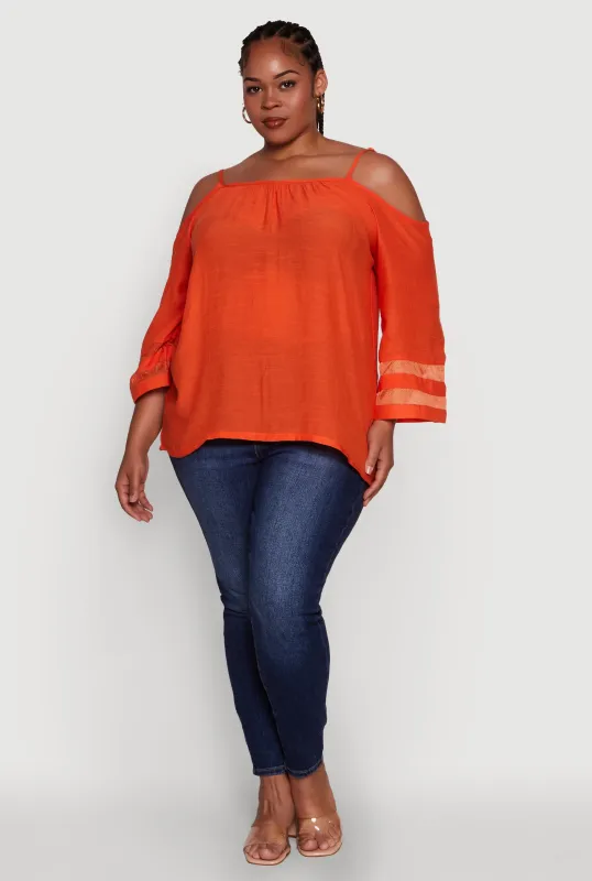 Plus Size Chic Cold Shoulder Gauze Knit Top with Adjustable Straps sold by Rainbow