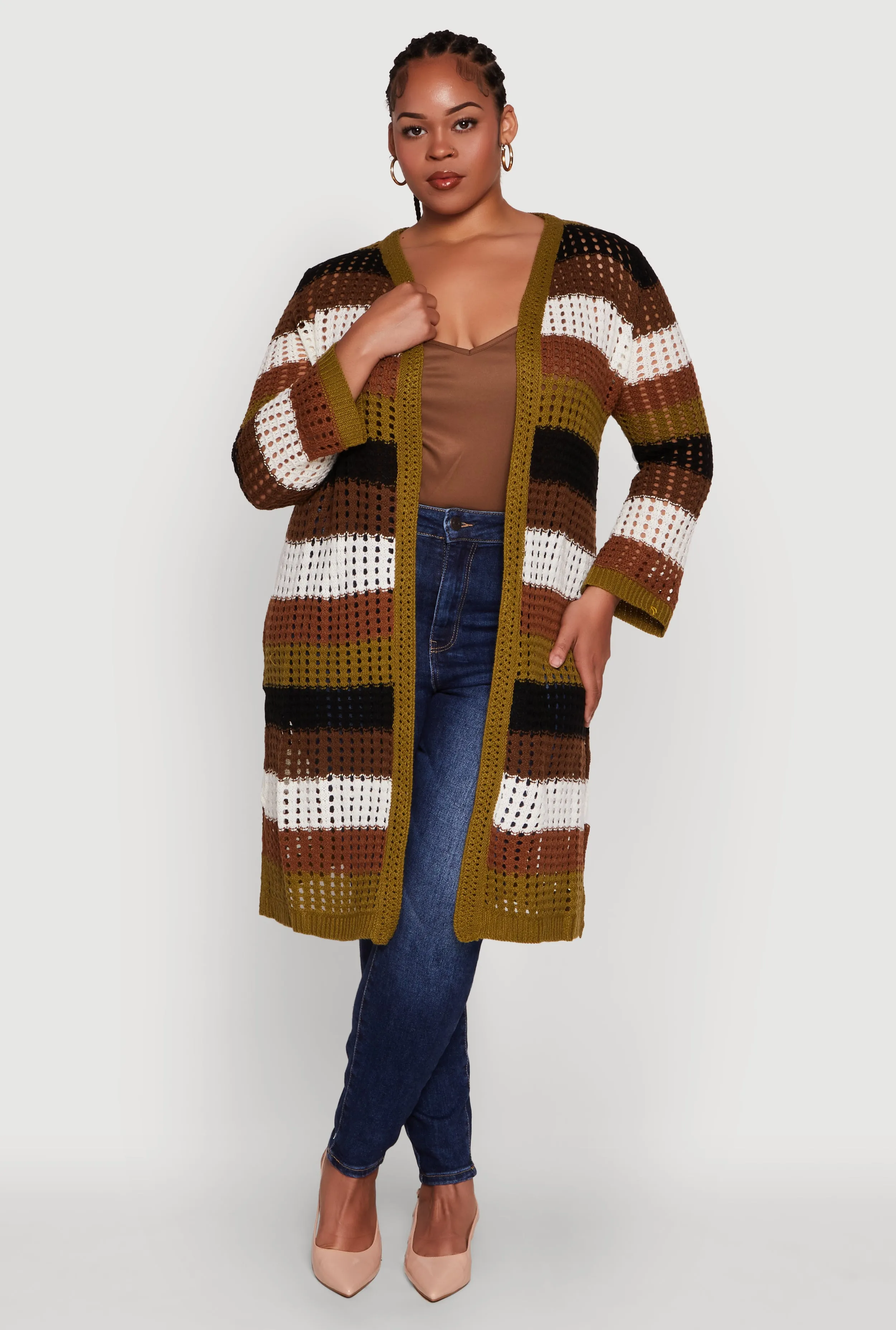 Plus Size Trendy Striped Crochet Long Sleeve Duster sold by Rainbow product image thumbnail 2