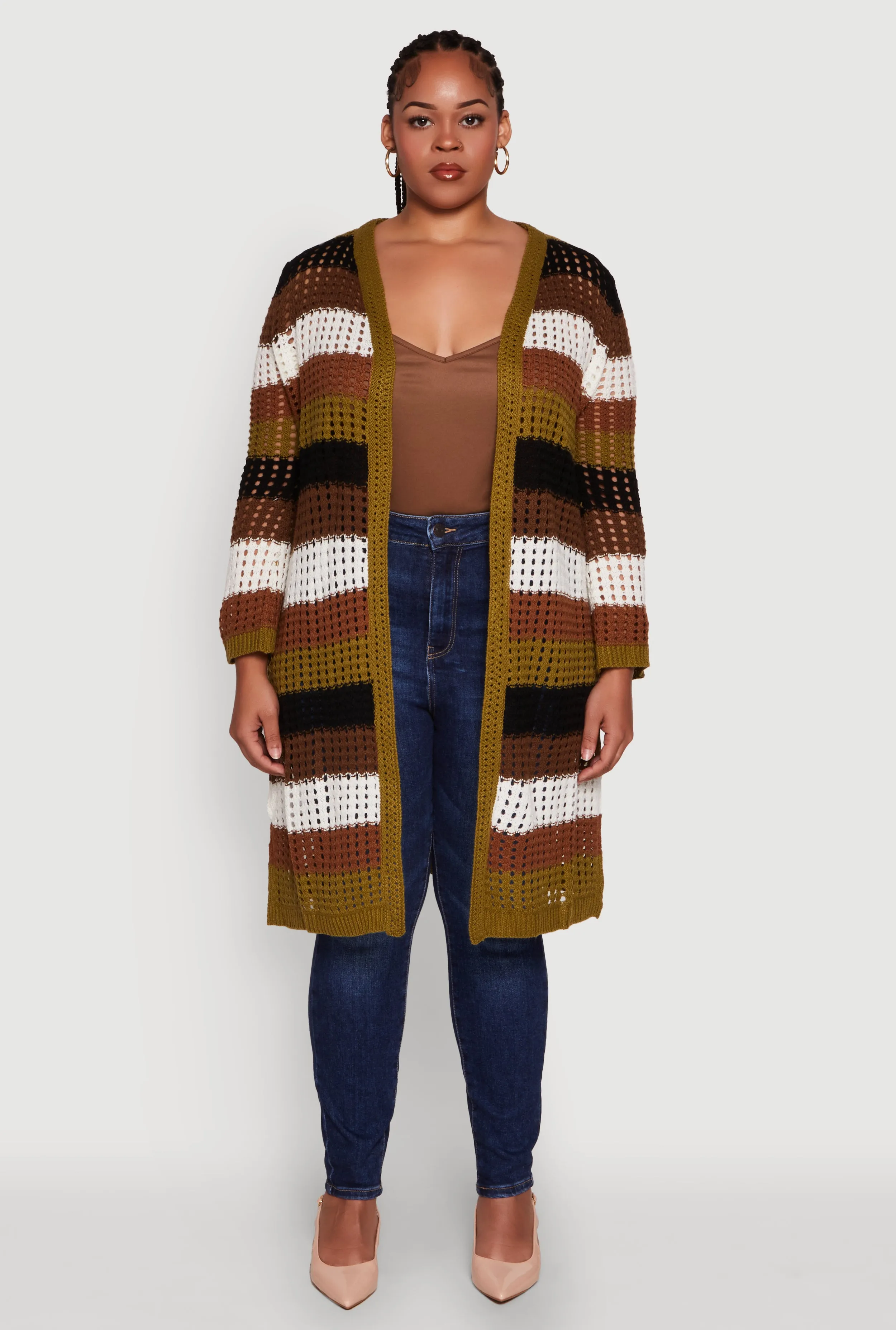 Plus Size Trendy Striped Crochet Long Sleeve Duster sold by Rainbow