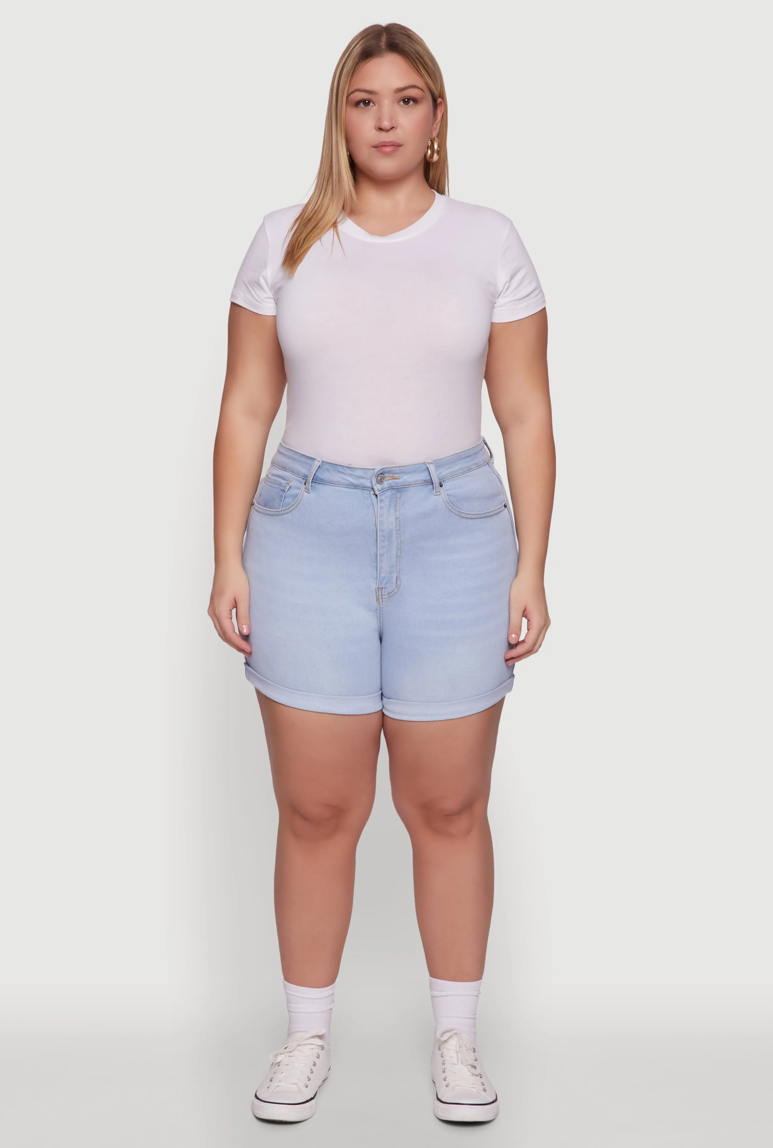 Plus Size WAX High Waisted Denim Shorts with Stretch and Whiskering sold by Rainbow