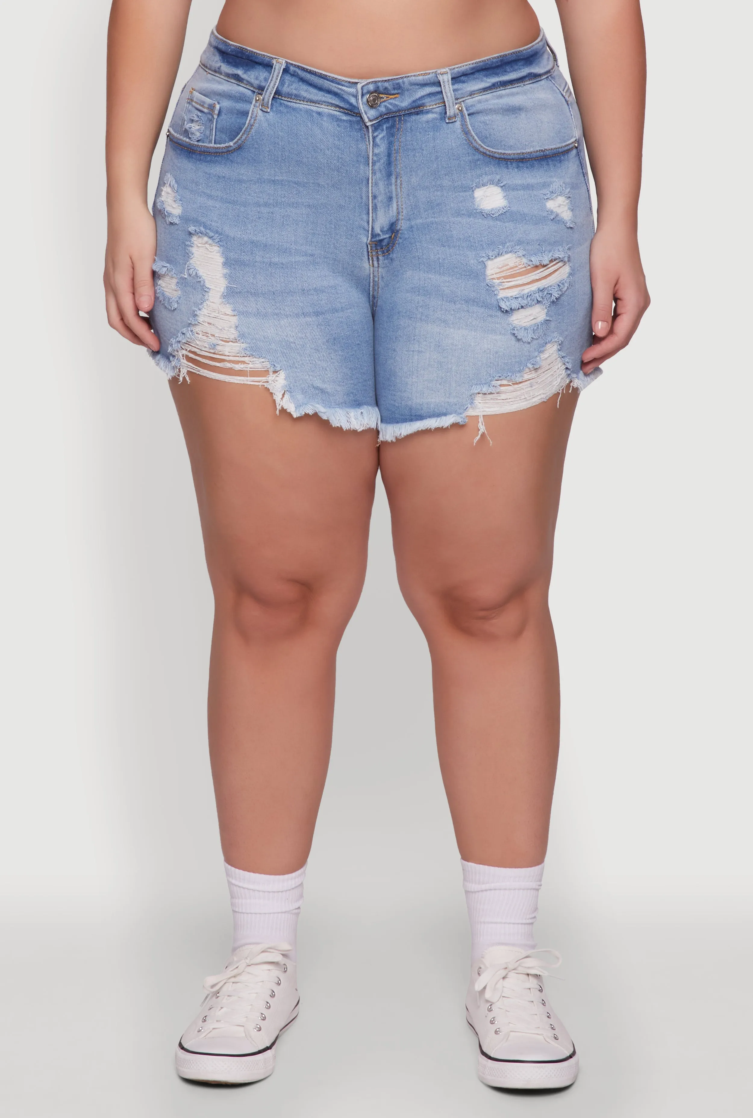 Plus Size WAX High Waisted Frayed Distressed Denim Shorts sold by Rainbow product image thumbnail 5