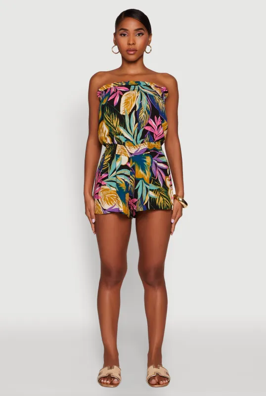 Tropical Leaf Print Ruffle Tube Romper sold by Rainbow