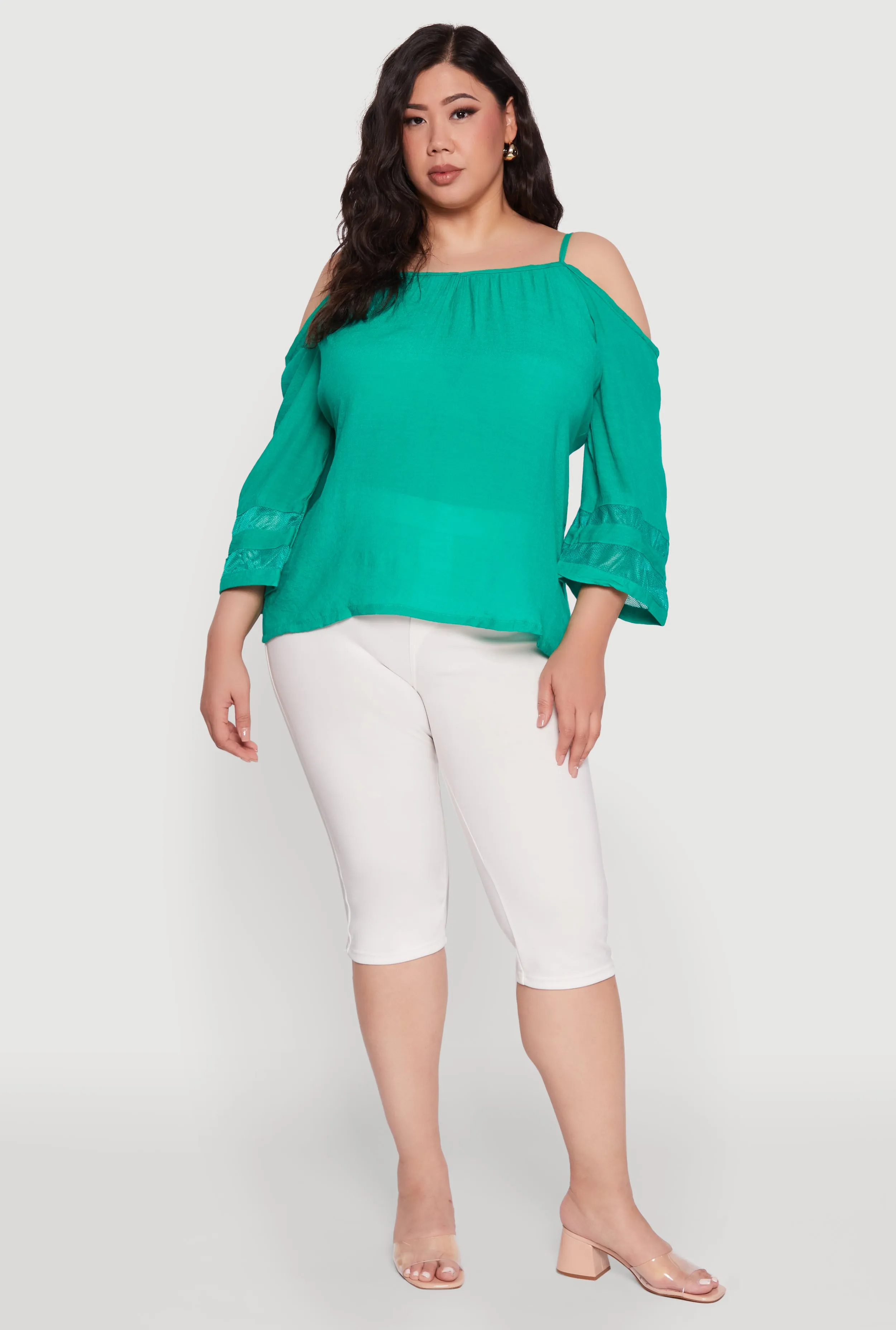 Plus Size Chic Cold Shoulder Gauze Knit Top with Adjustable Straps sold by Rainbow