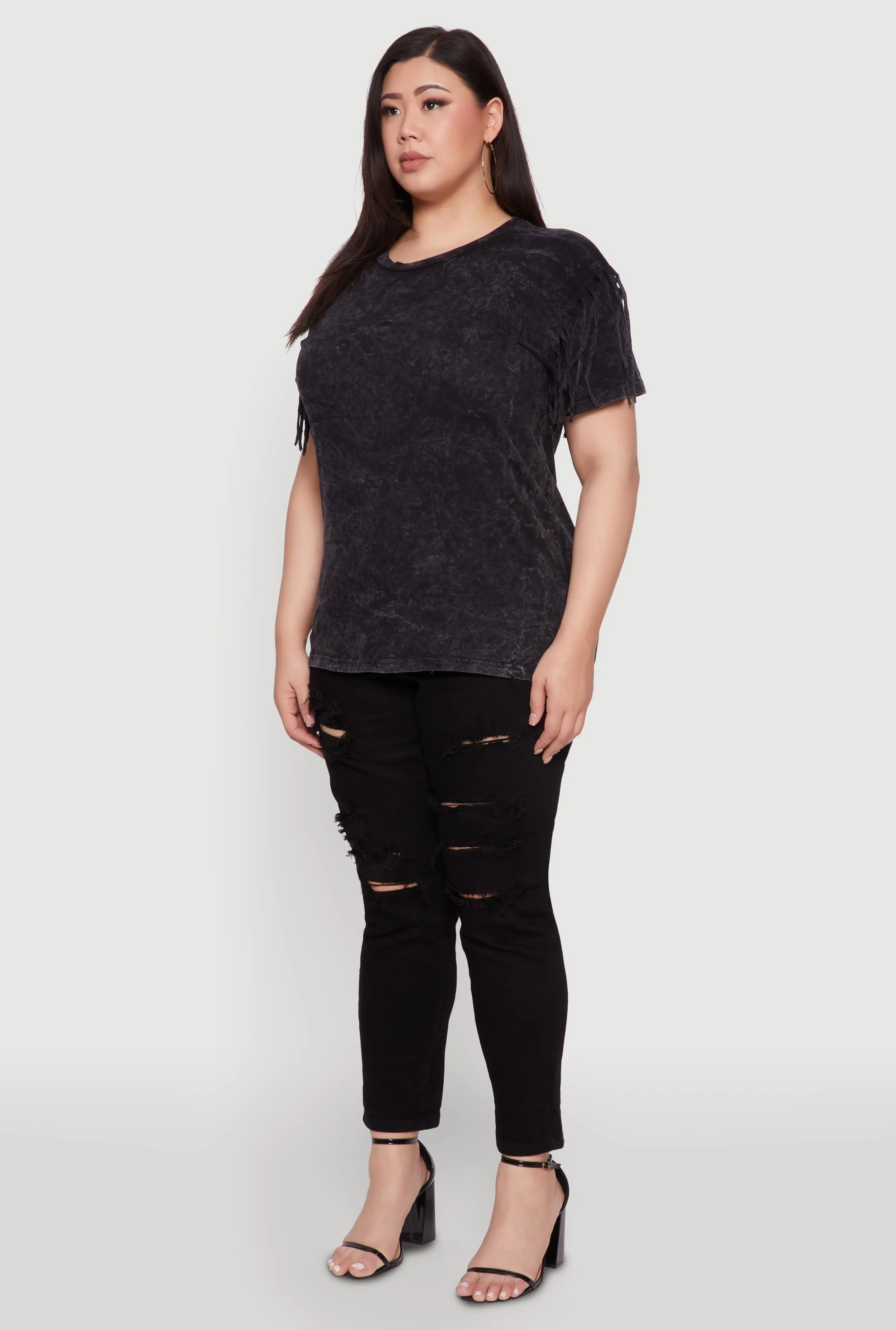 Plus Size Trendy Mineral Wash Fringe Sleeve Tee sold by Rainbow product image thumbnail 5