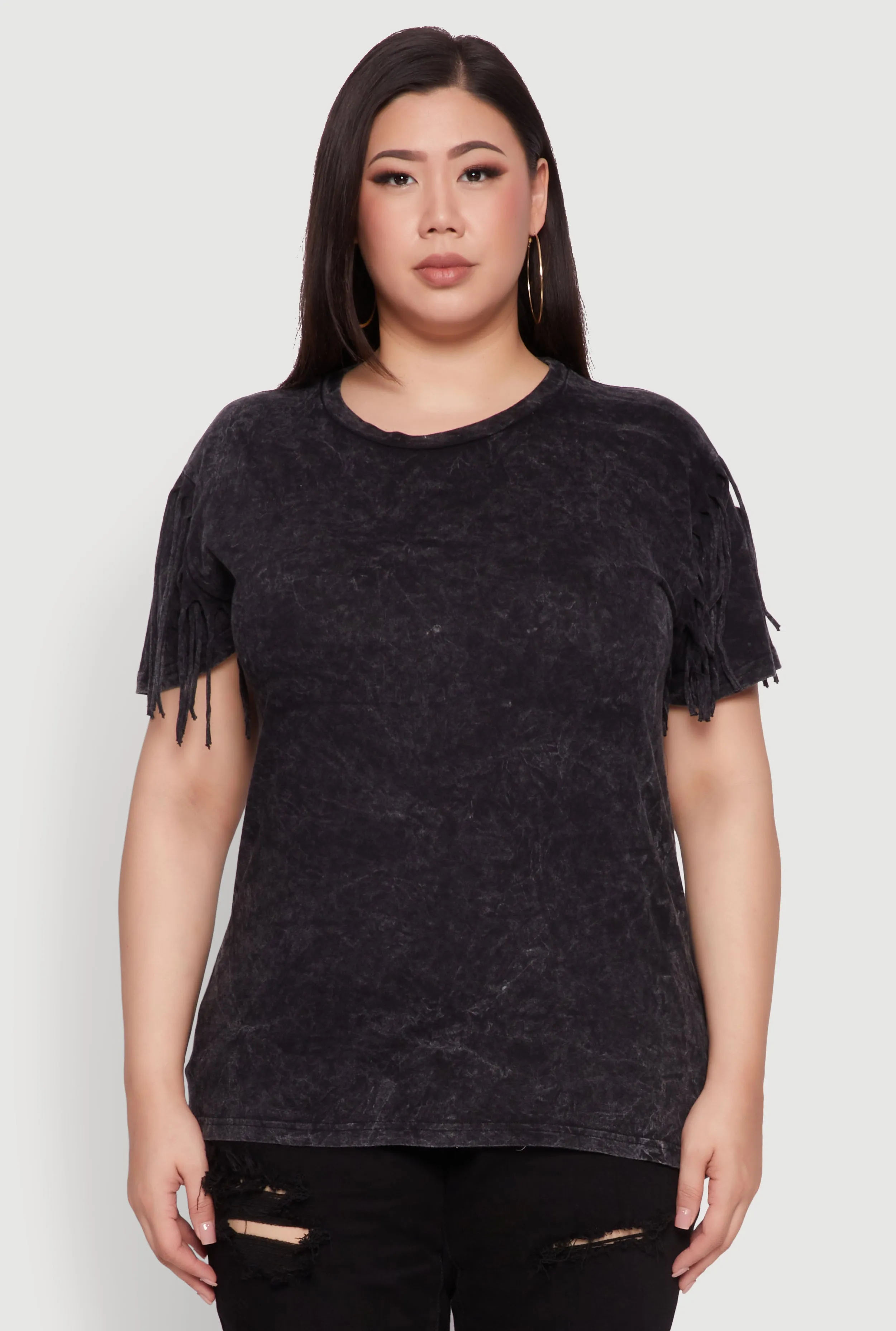 Plus Size Trendy Mineral Wash Fringe Sleeve Tee sold by Rainbow product image thumbnail 2