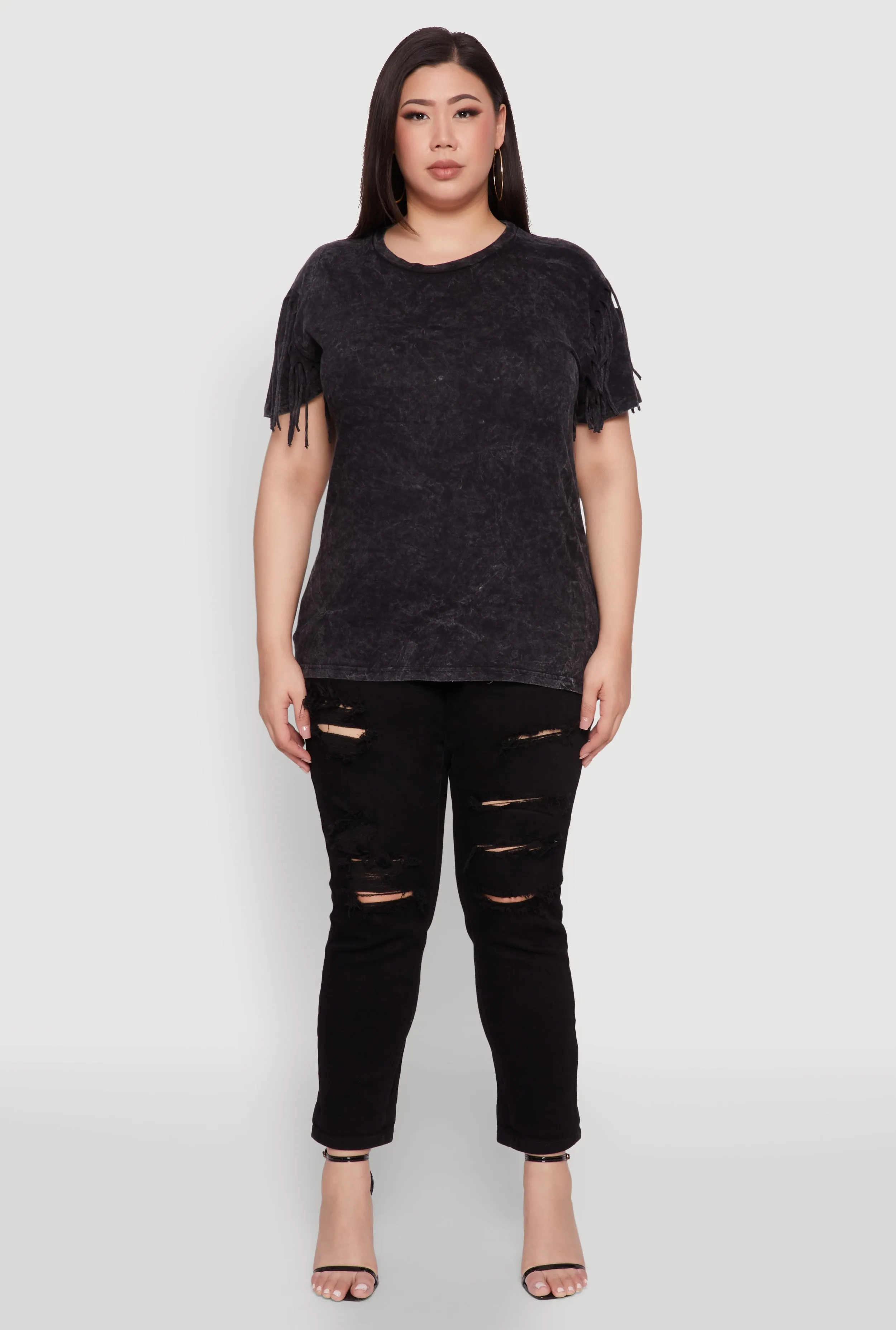 Plus Size Trendy Mineral Wash Fringe Sleeve Tee sold by Rainbow product image thumbnail 3