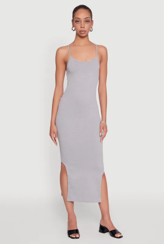 Trendy Ribbed Knit Side Slit Midi Dress sold by Rainbow