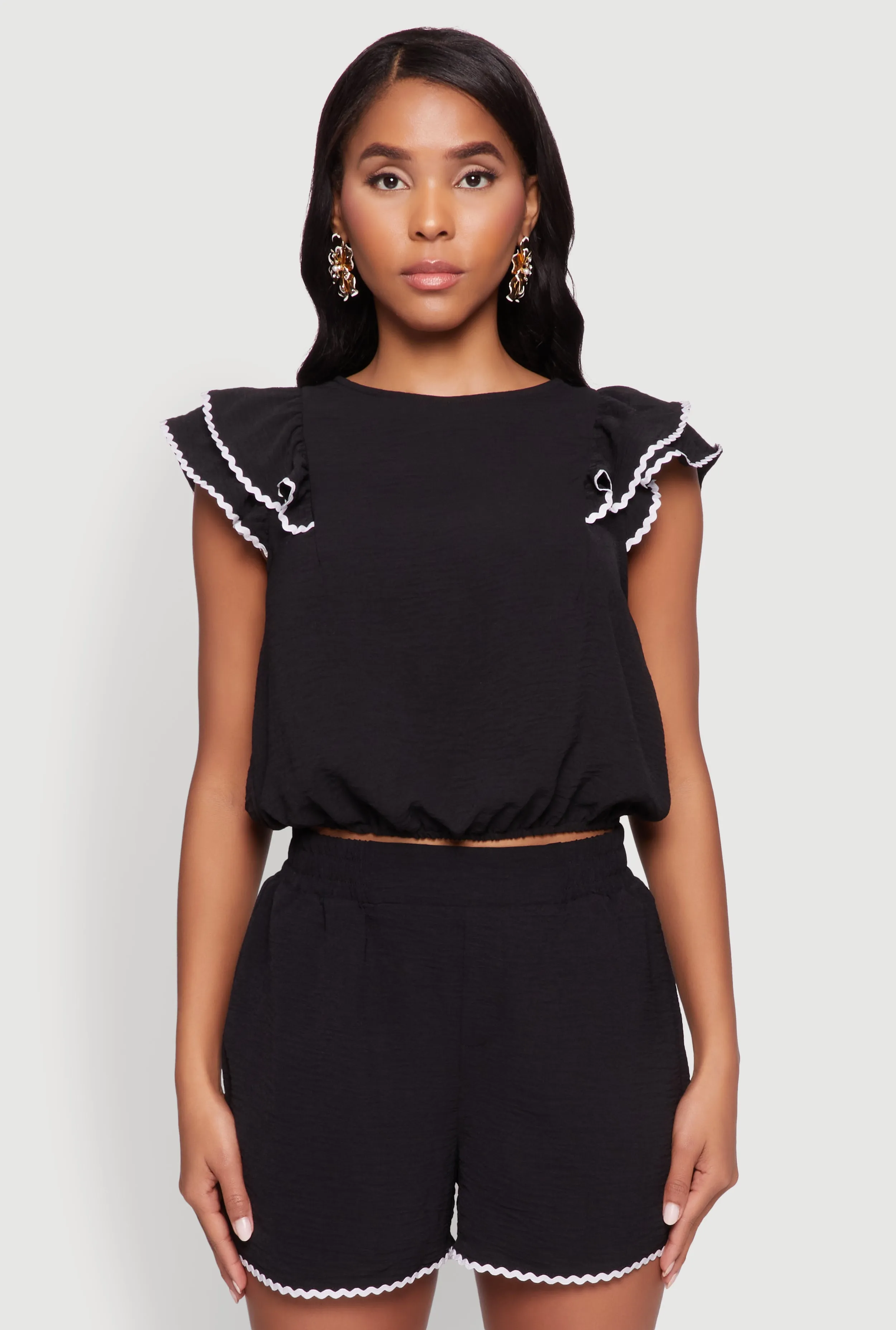 Chic Crepe Knit Cropped Blouse with Tiered Sleeves sold by Rainbow