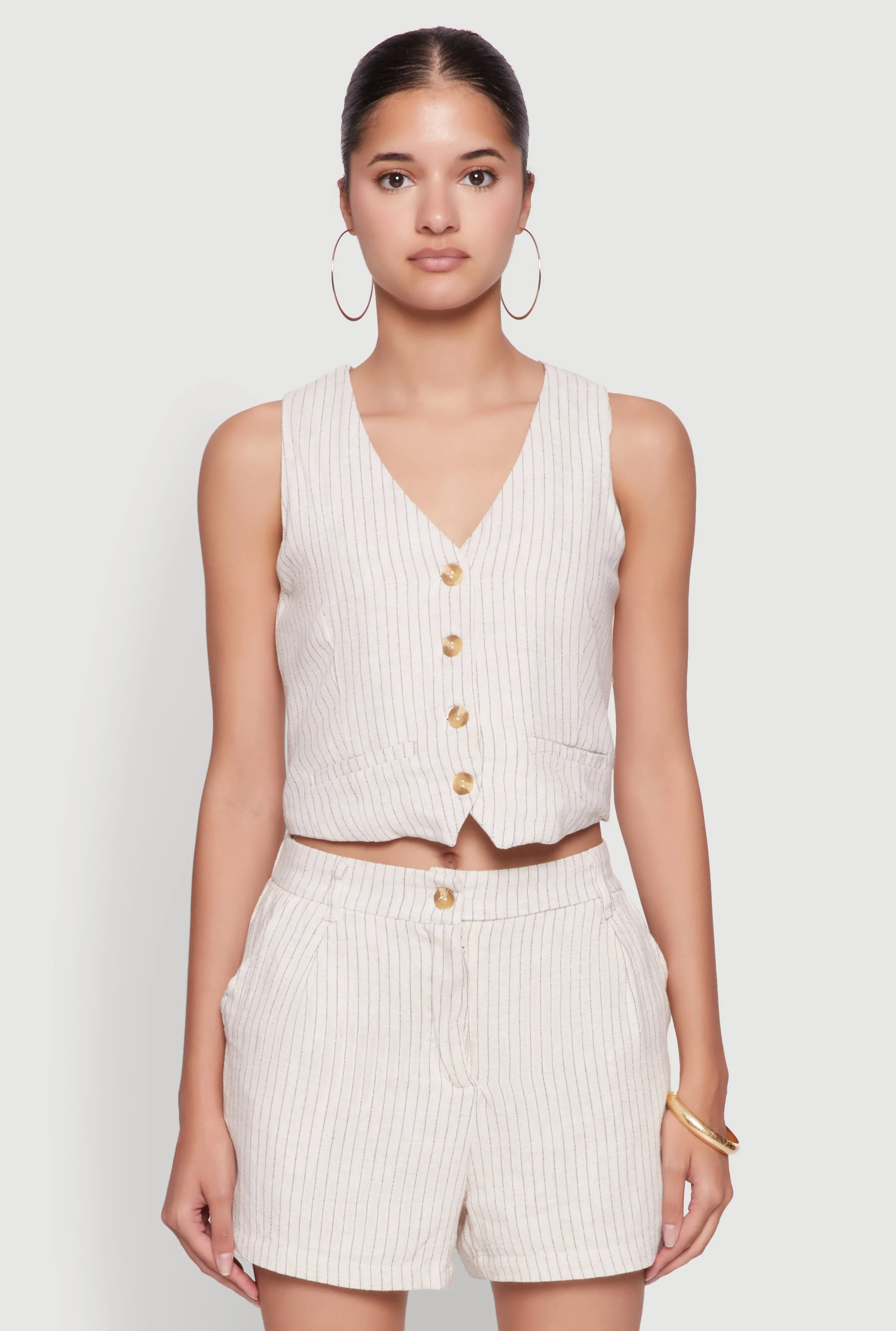 Chic Linen Pinstripe Button Front Cropped Blazer Vest sold by Rainbow