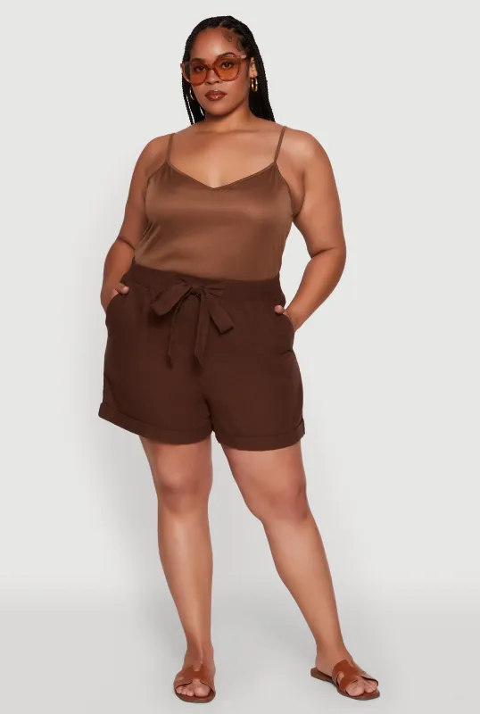 Plus Size Stylish Linen Drawstring Detail Pull On Shorts sold by Rainbow
