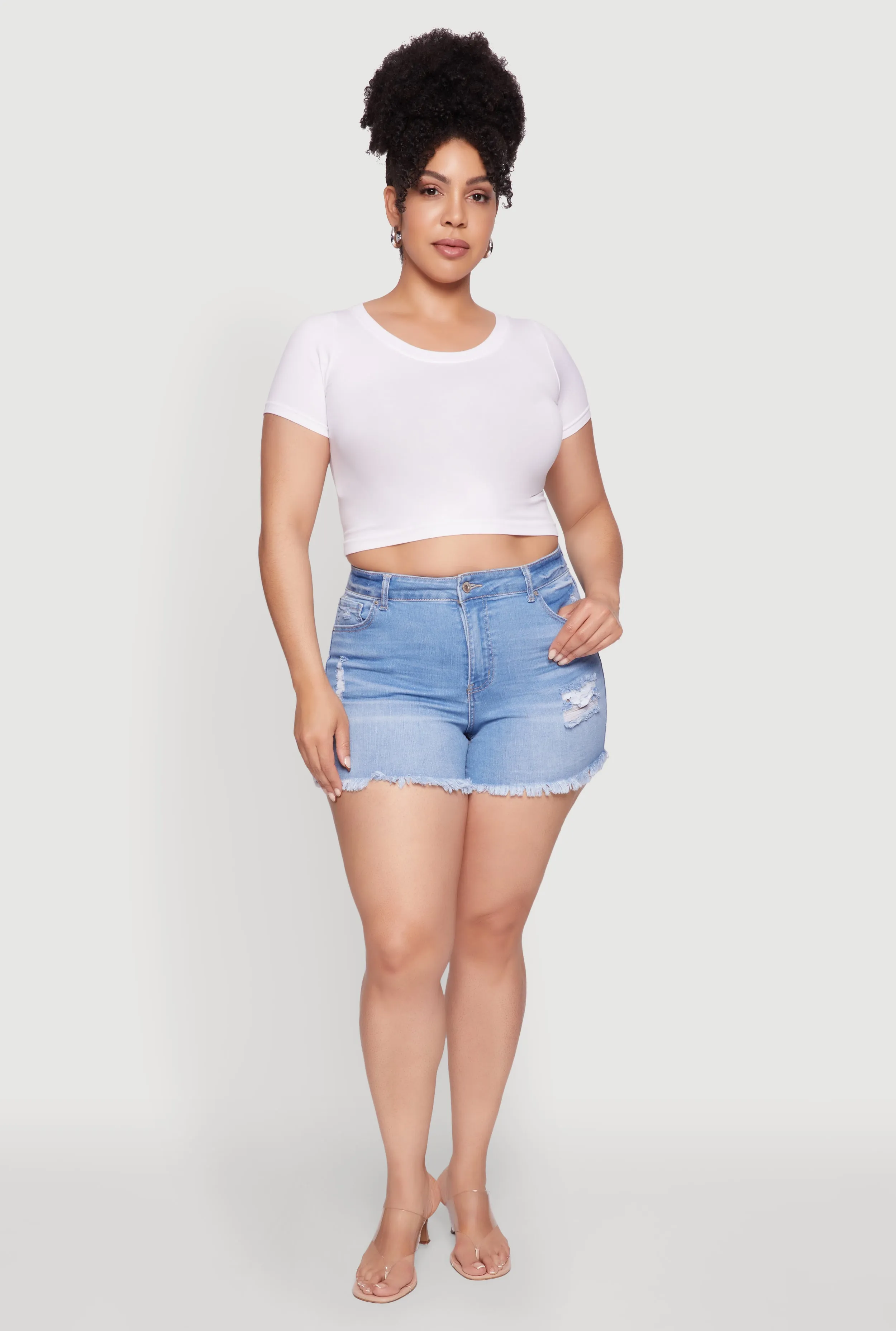 Plus Size WAX High Waisted Distressed Frayed Hem Denim Shorts sold by Rainbow