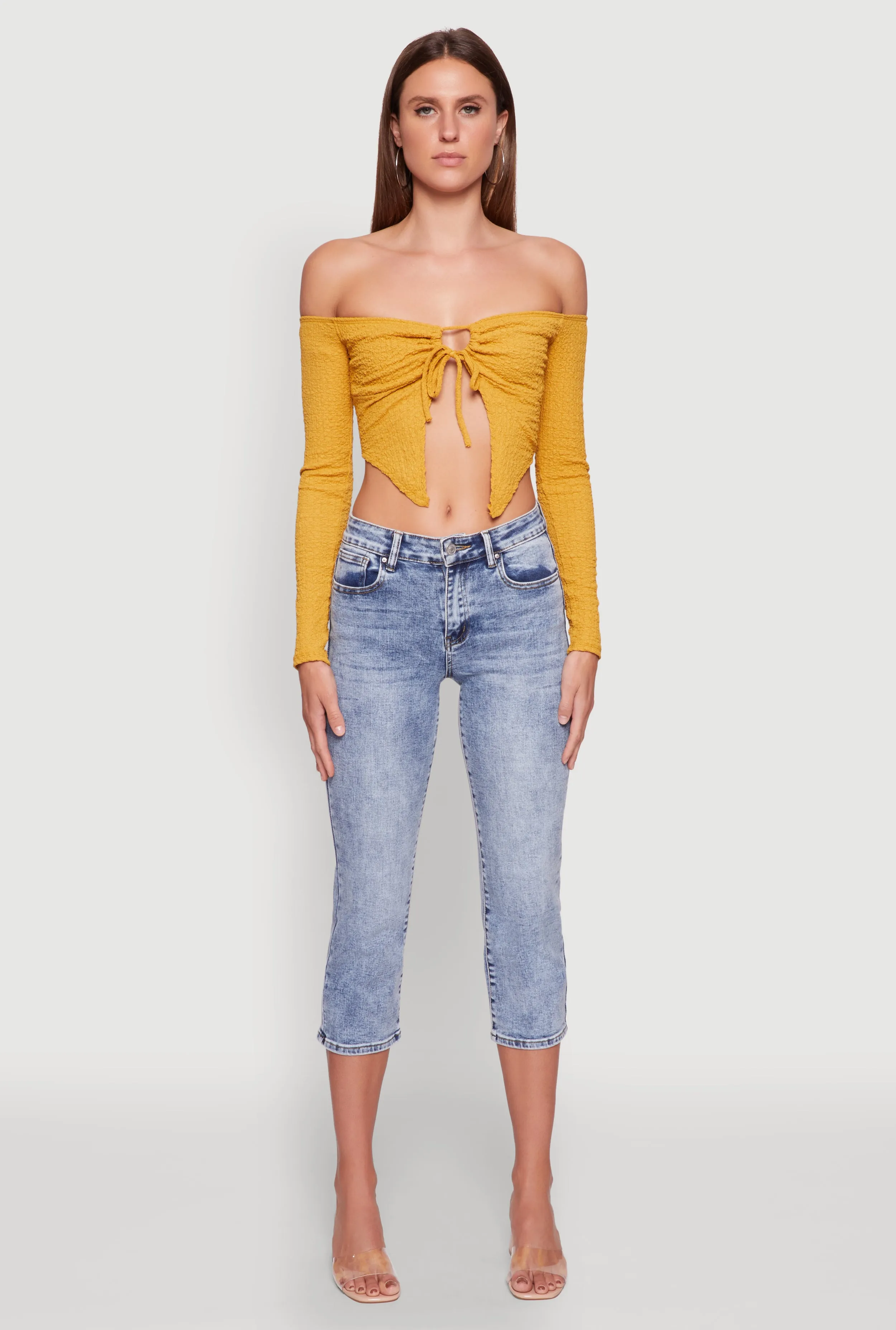 Trendy Off Shoulder Textured Knit Tie Front Crop Top sold by Rainbow product image thumbnail 3