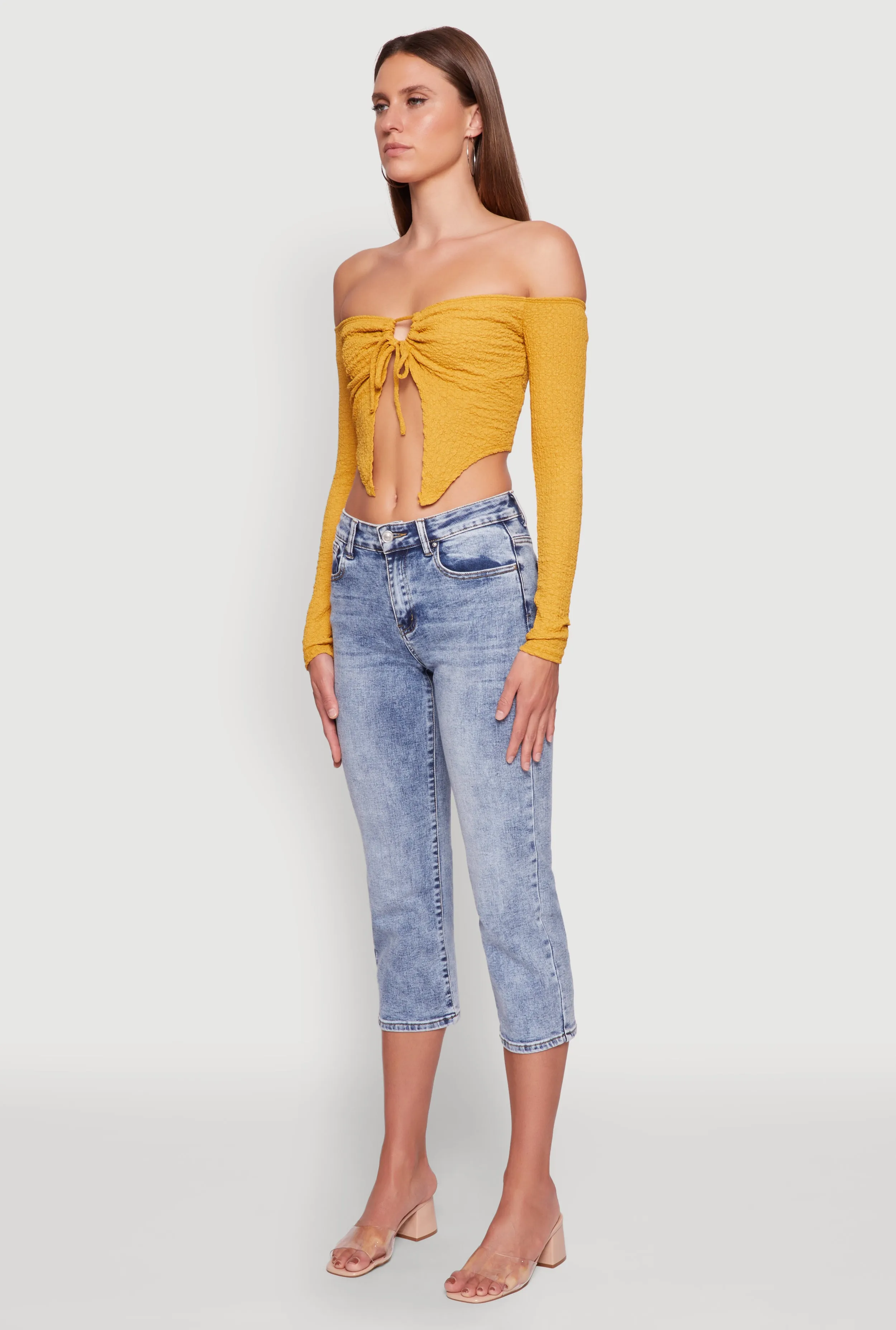 Trendy Off Shoulder Textured Knit Tie Front Crop Top sold by Rainbow product image thumbnail 5