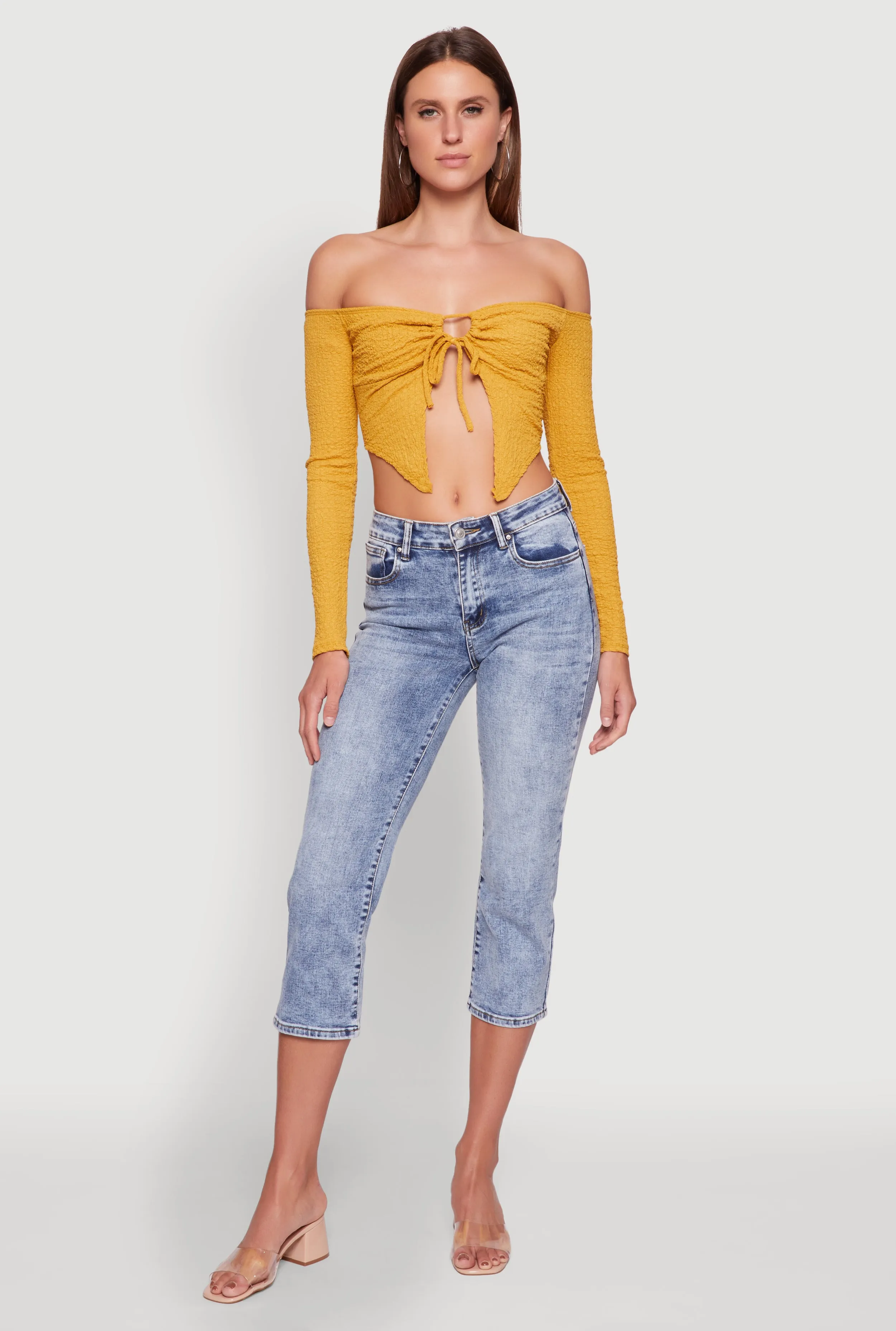 Trendy Off Shoulder Textured Knit Tie Front Crop Top sold by Rainbow
