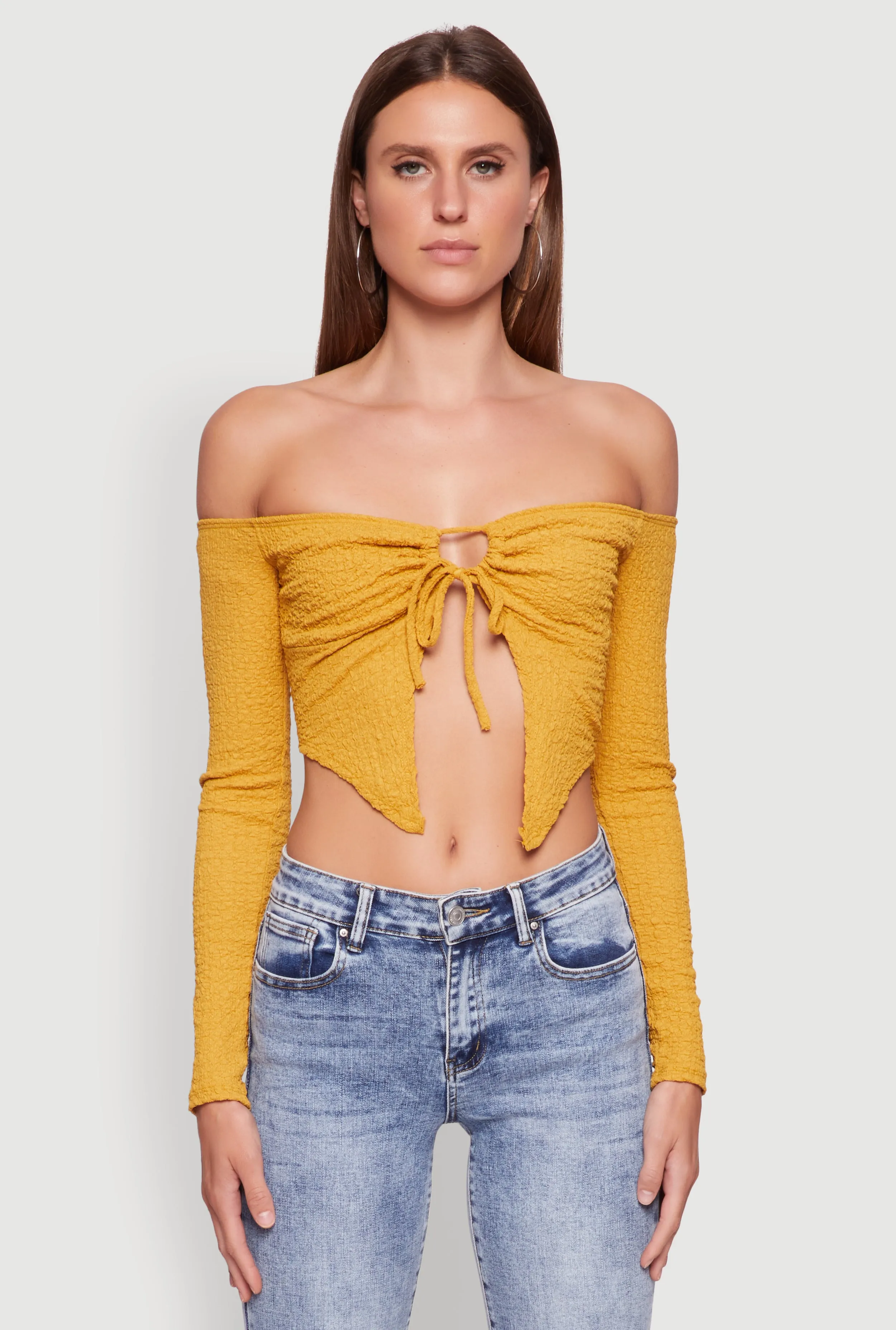 Trendy Off Shoulder Textured Knit Tie Front Crop Top sold by Rainbow product image thumbnail 2