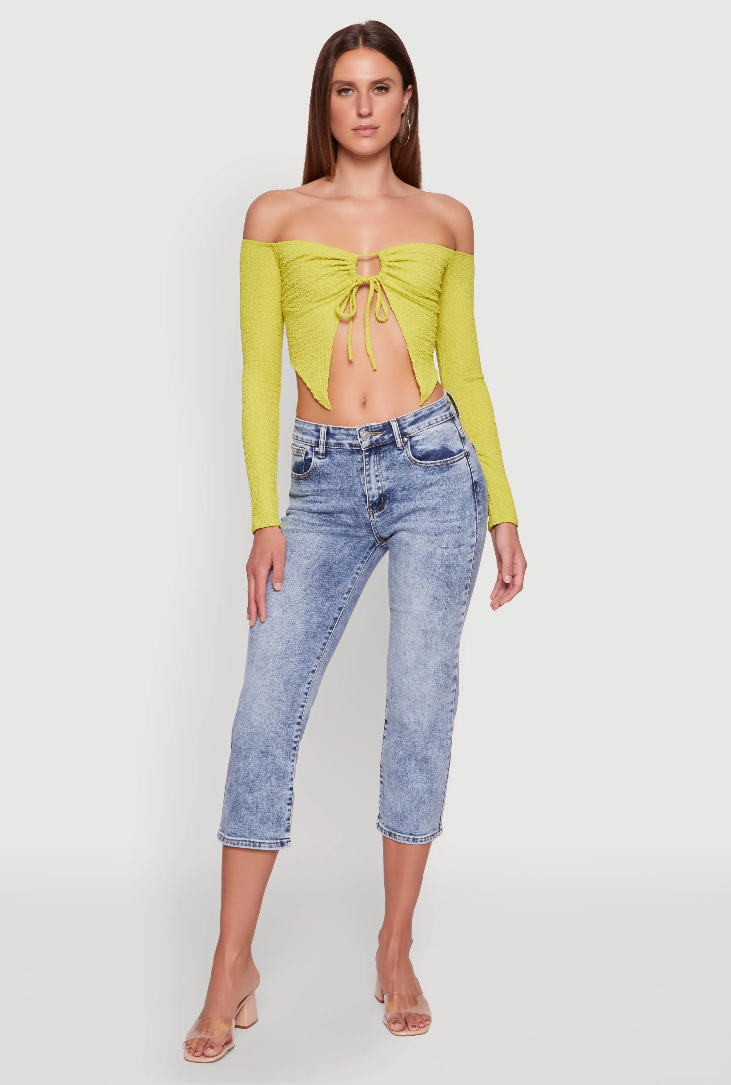 Trendy Off Shoulder Textured Knit Tie Front Crop Top sold by Rainbow