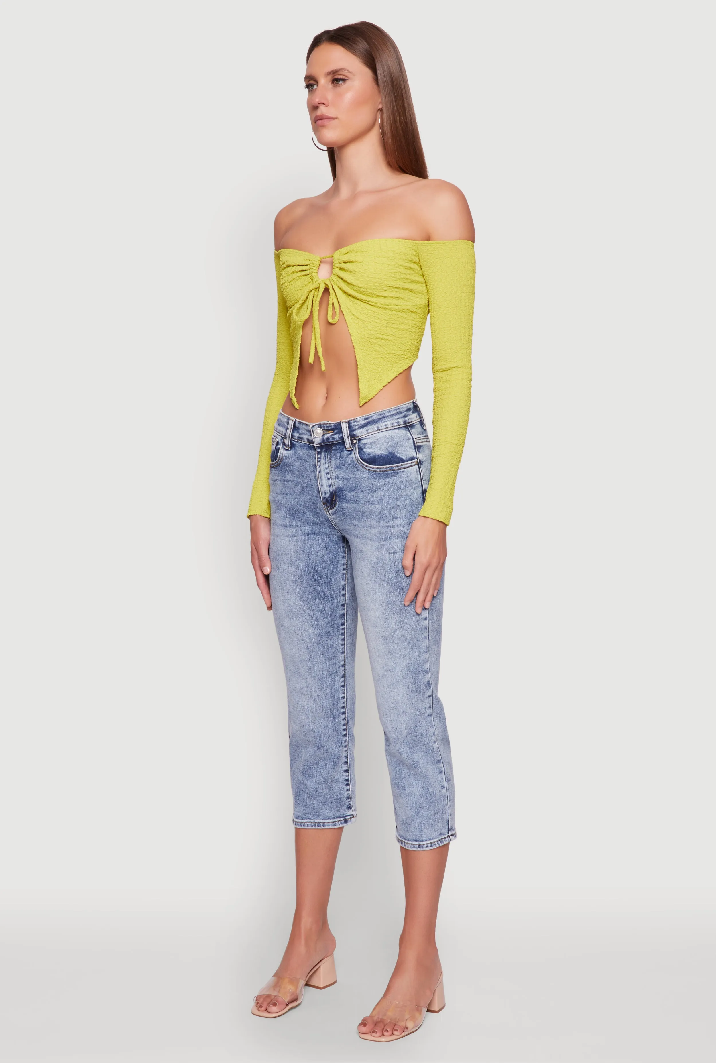 Trendy Off Shoulder Textured Knit Tie Front Crop Top sold by Rainbow product image thumbnail 5