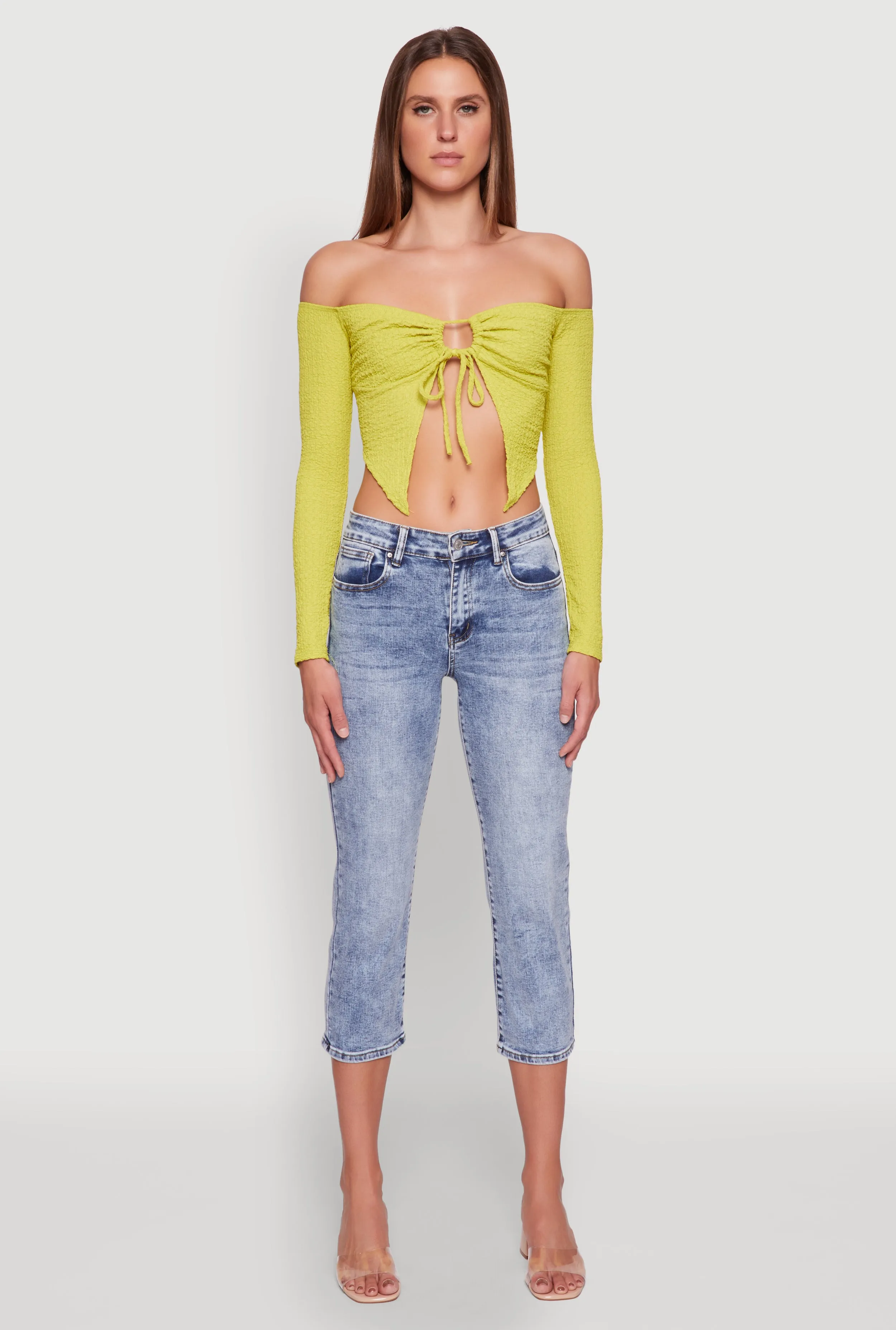 Trendy Off Shoulder Textured Knit Tie Front Crop Top sold by Rainbow product image thumbnail 3