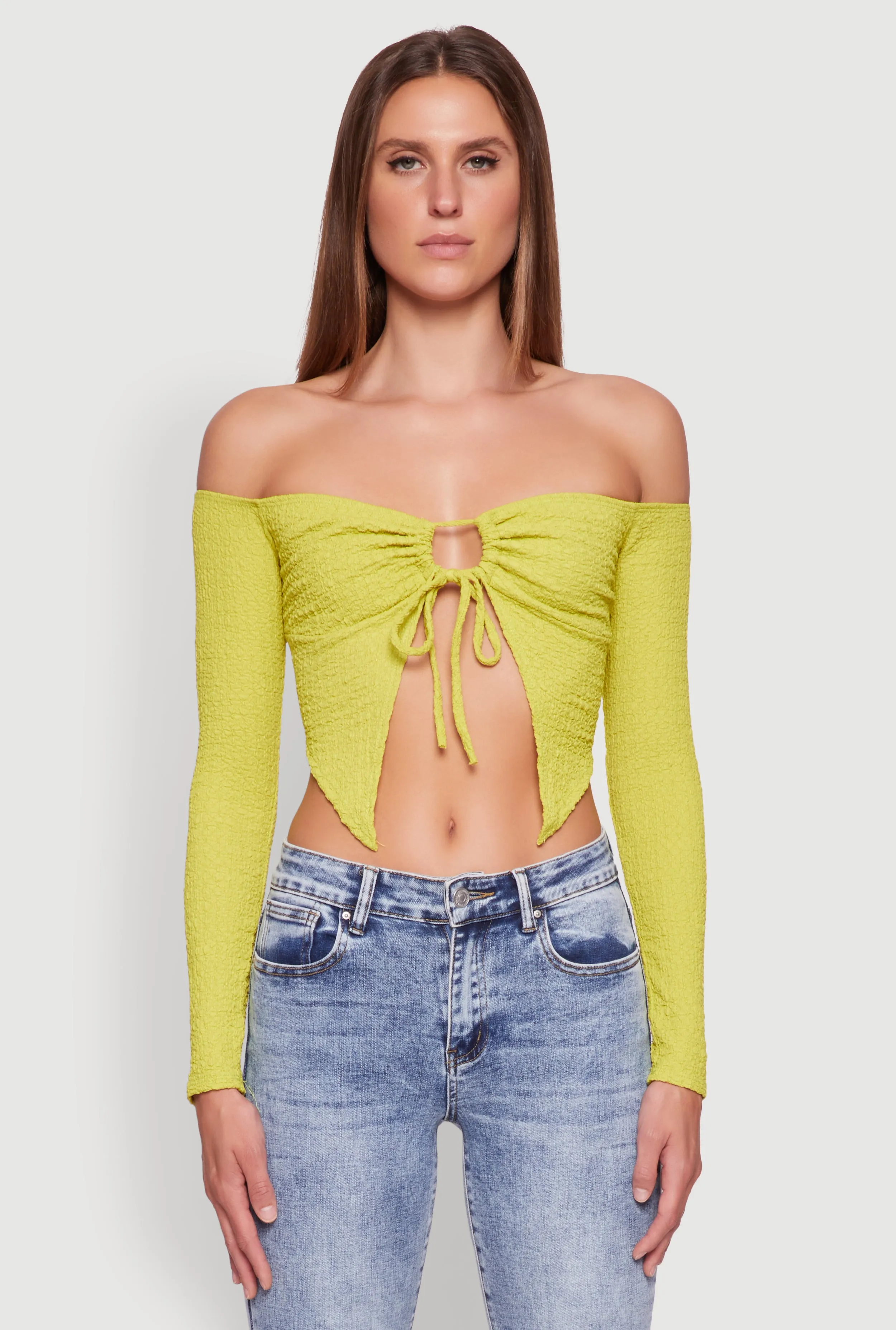 Trendy Off Shoulder Textured Knit Tie Front Crop Top sold by Rainbow product image thumbnail 2