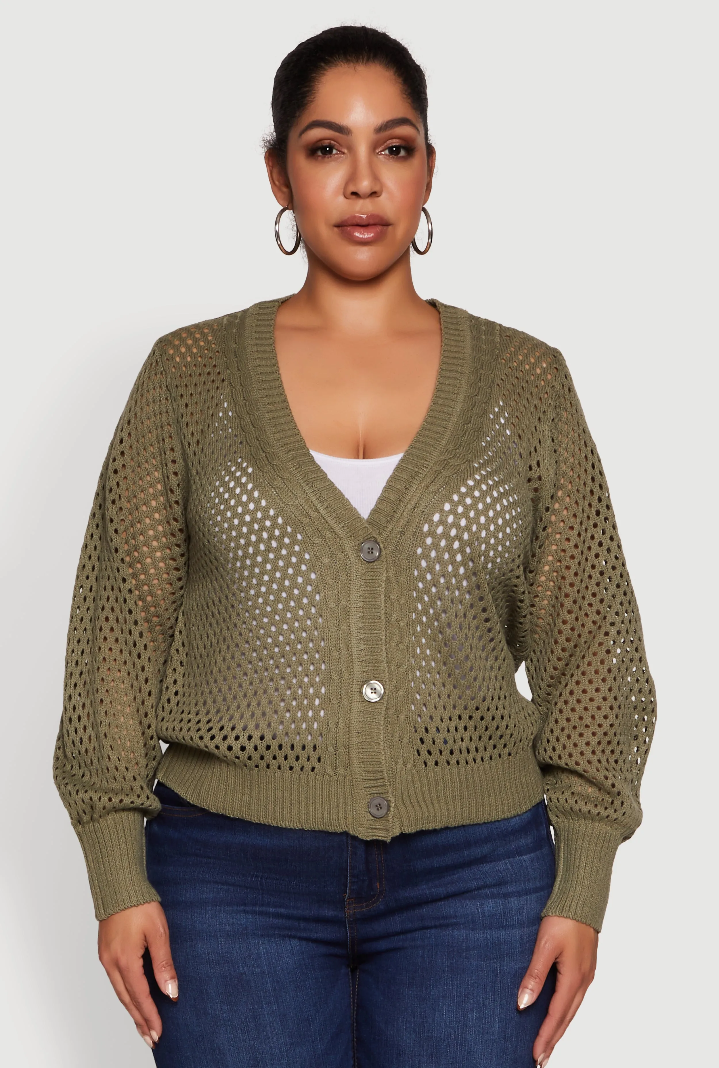 Plus Size Crochet Long Sleeve Button Front Cardigan sold by Rainbow product image thumbnail 2