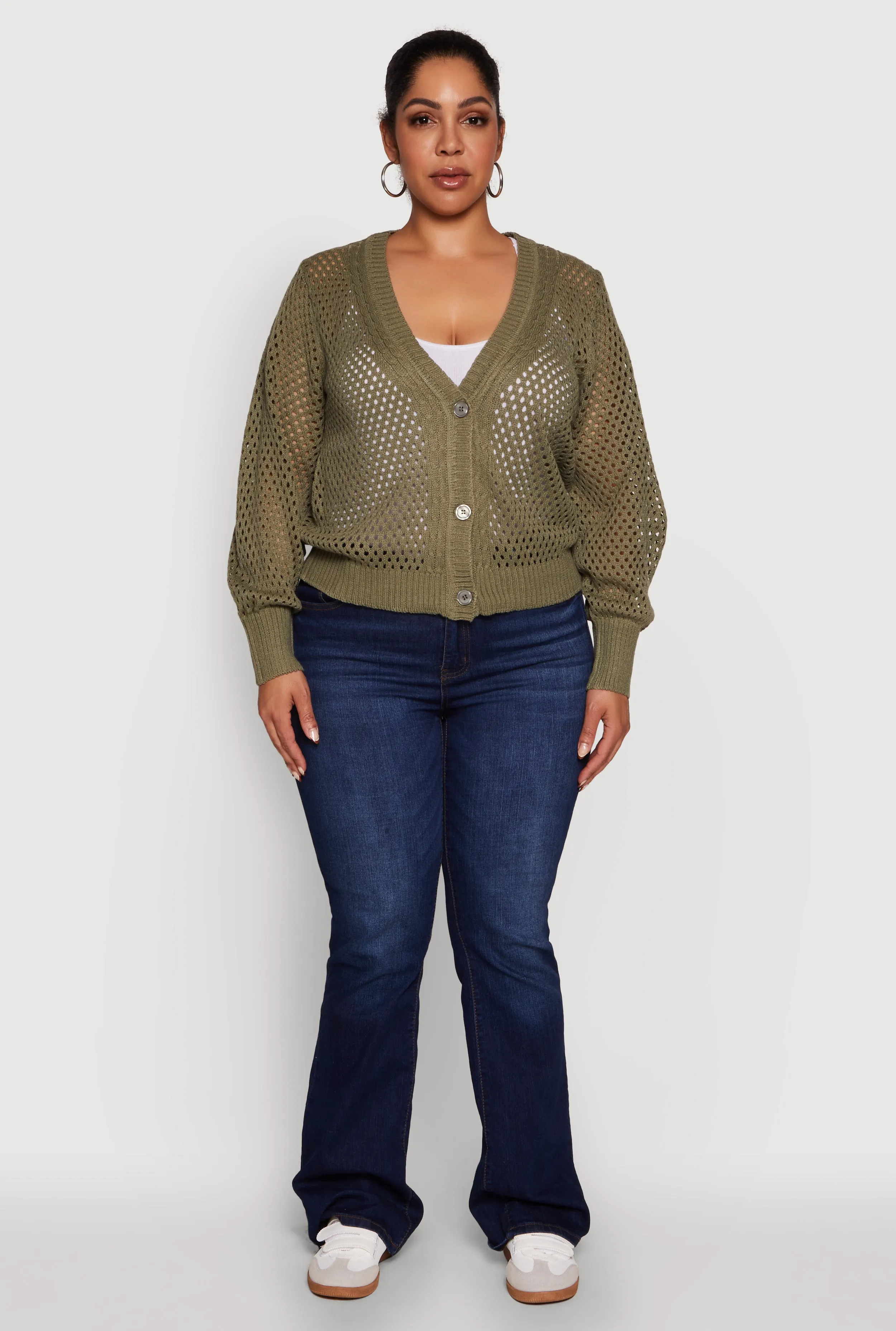 Plus Size Crochet Long Sleeve Button Front Cardigan sold by Rainbow