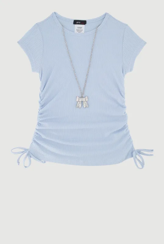 Little Girls Ribbed Knit Tee with Removable Rhinestone Bow Necklace sold by Rainbow