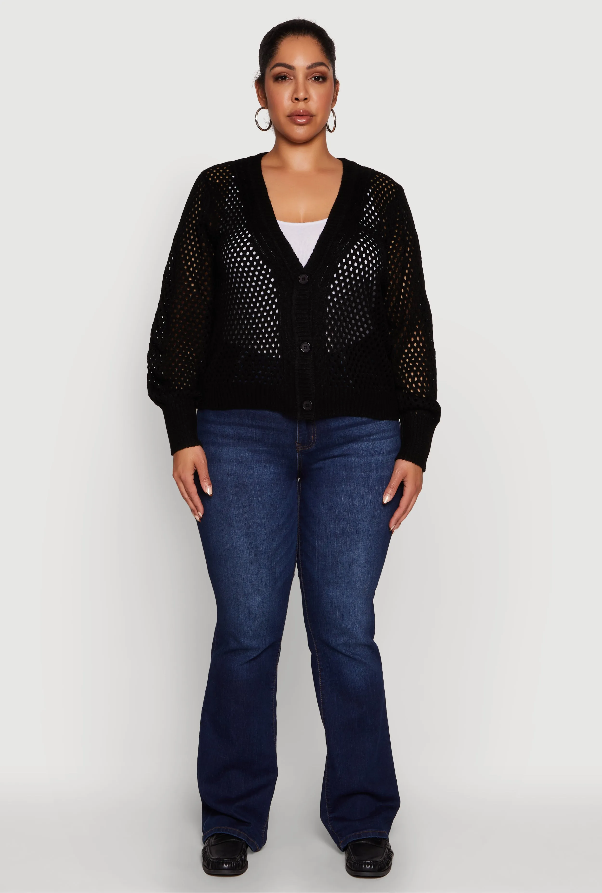 Plus Size Crochet Long Sleeve Button Front Cardigan sold by Rainbow