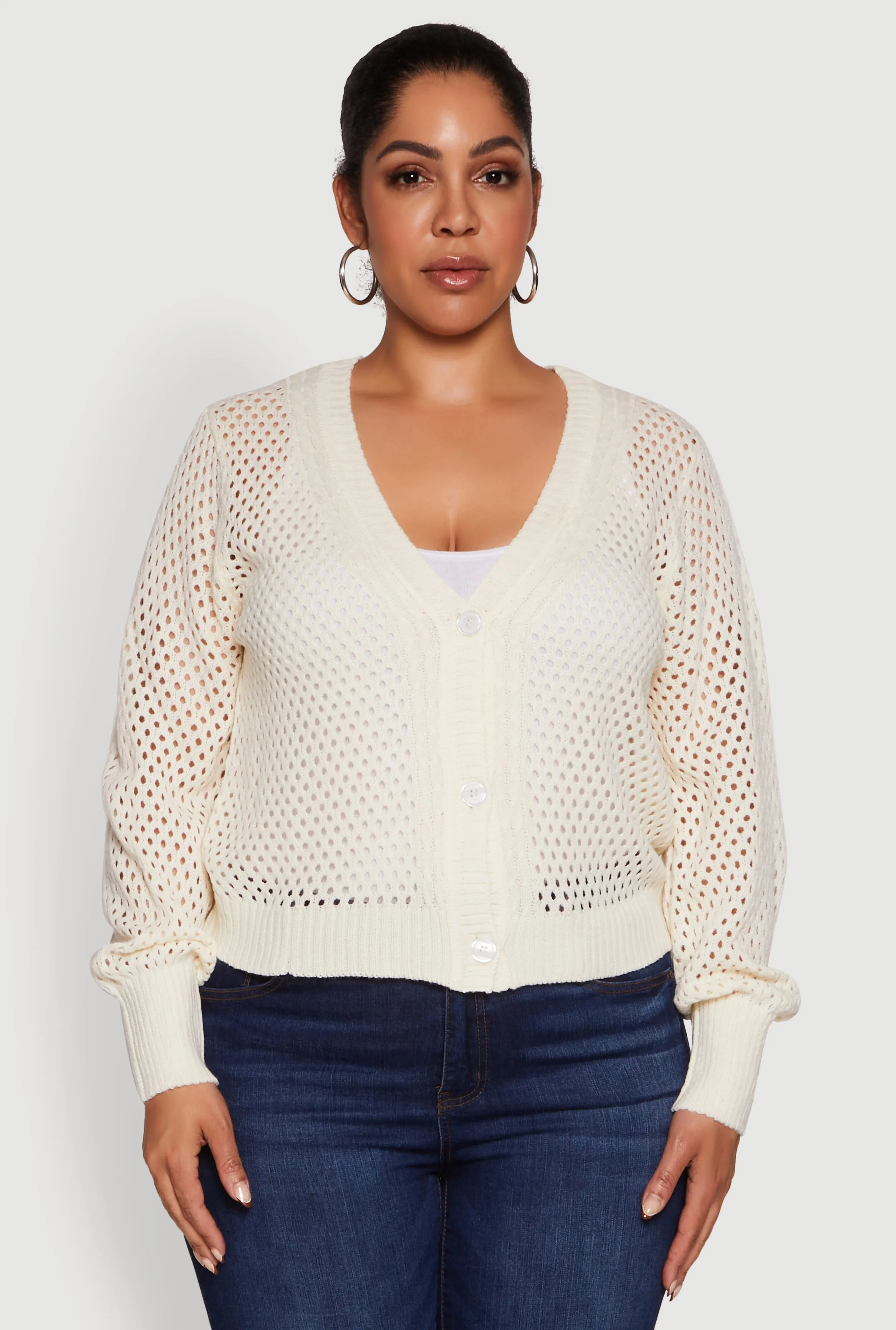 Plus Size Crochet Long Sleeve Button Front Cardigan sold by Rainbow product image thumbnail 2