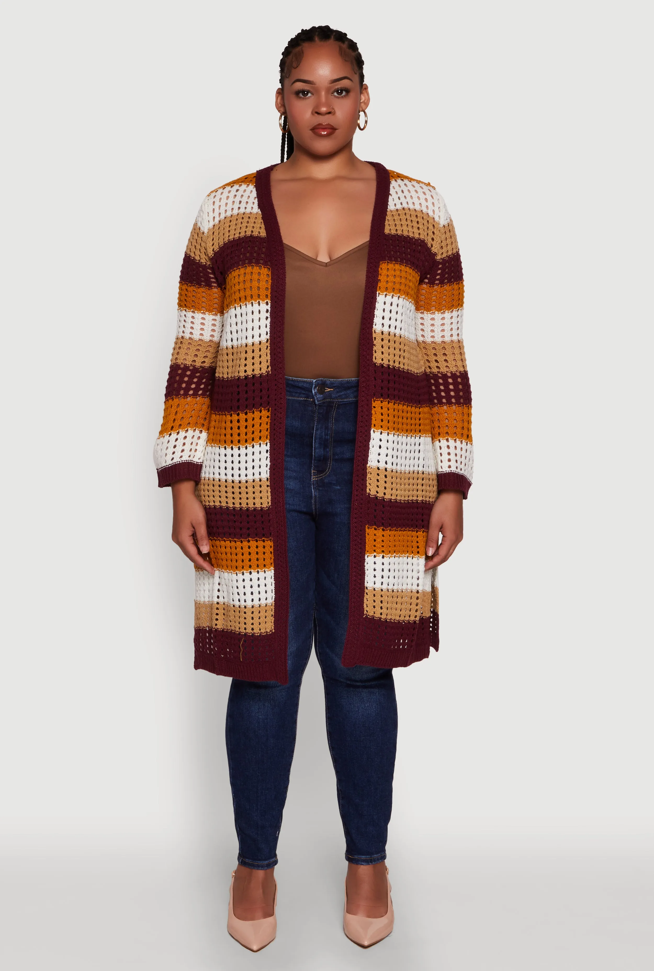 Plus Size Trendy Striped Crochet Long Sleeve Duster sold by Rainbow product image thumbnail 2