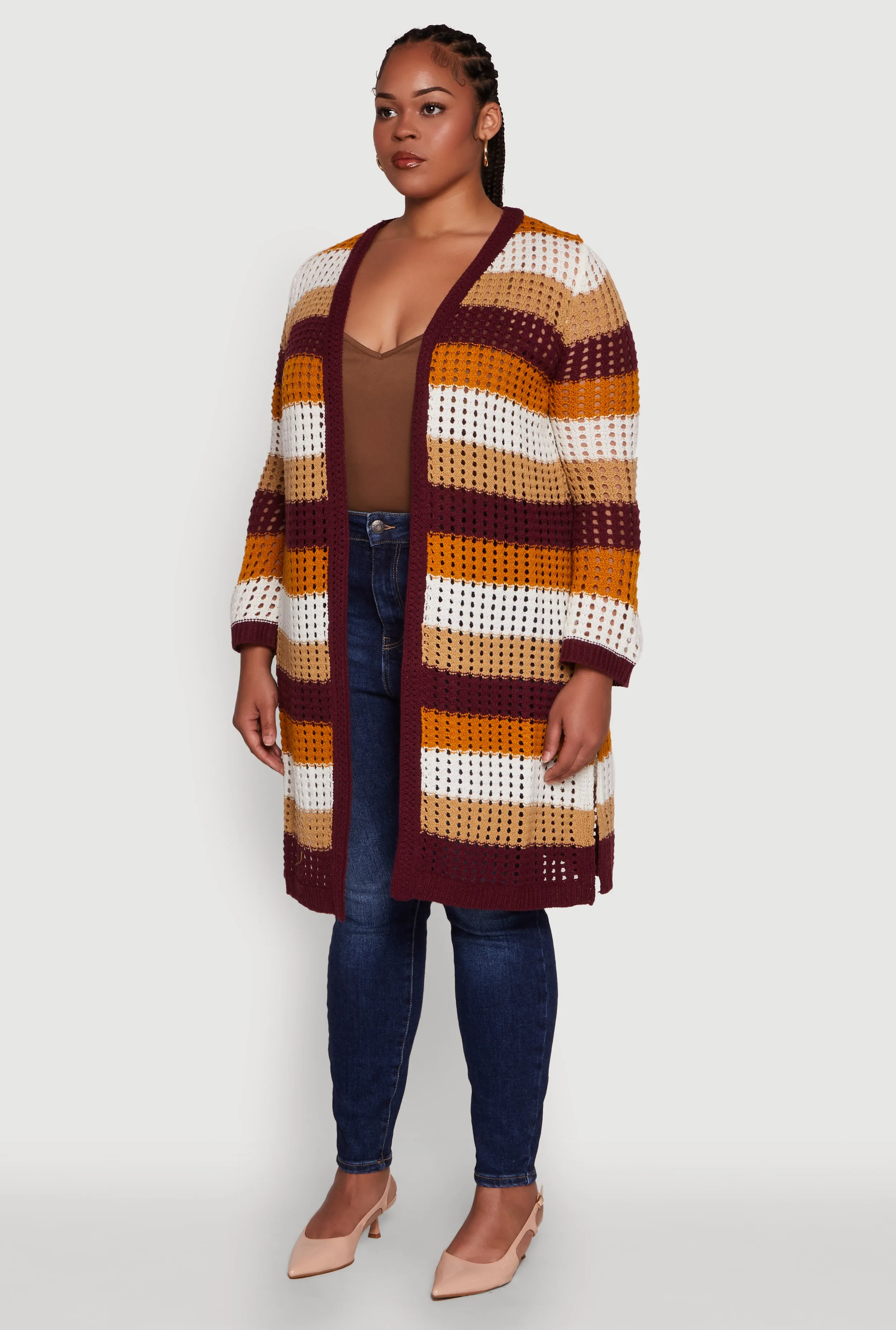 Plus Size Trendy Striped Crochet Long Sleeve Duster sold by Rainbow product image thumbnail 3