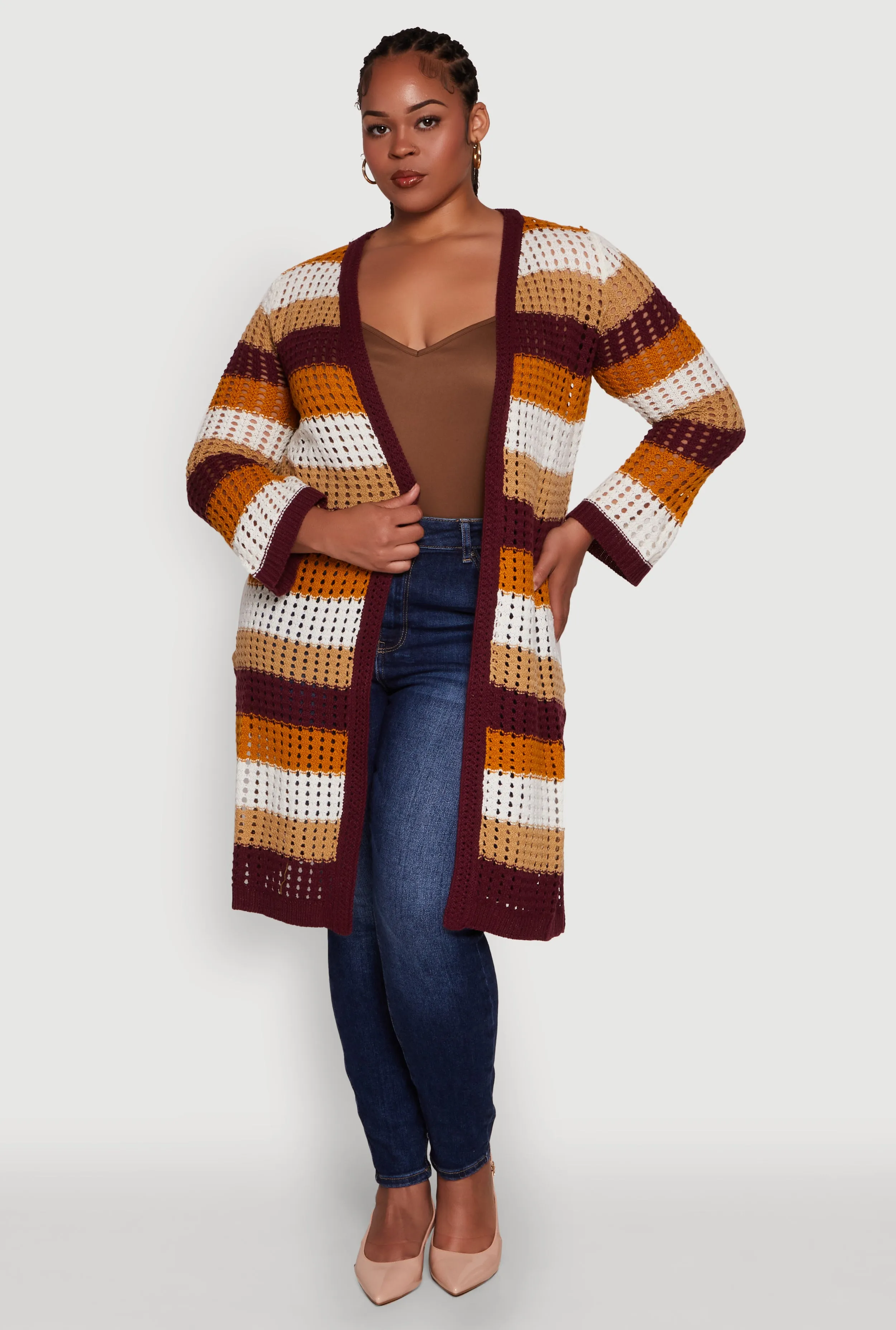 Plus Size Trendy Striped Crochet Long Sleeve Duster sold by Rainbow