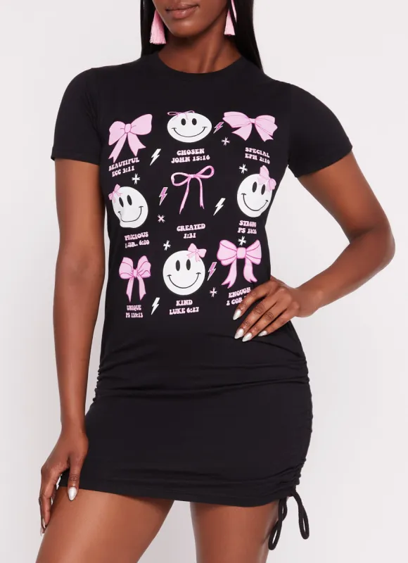 Smiley Bow Ruched Graphic T Shirt Dress sold by Rainbow