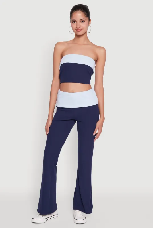Stylish Rib Knit Contrast Fold Over Bootcut Pants sold by Rainbow